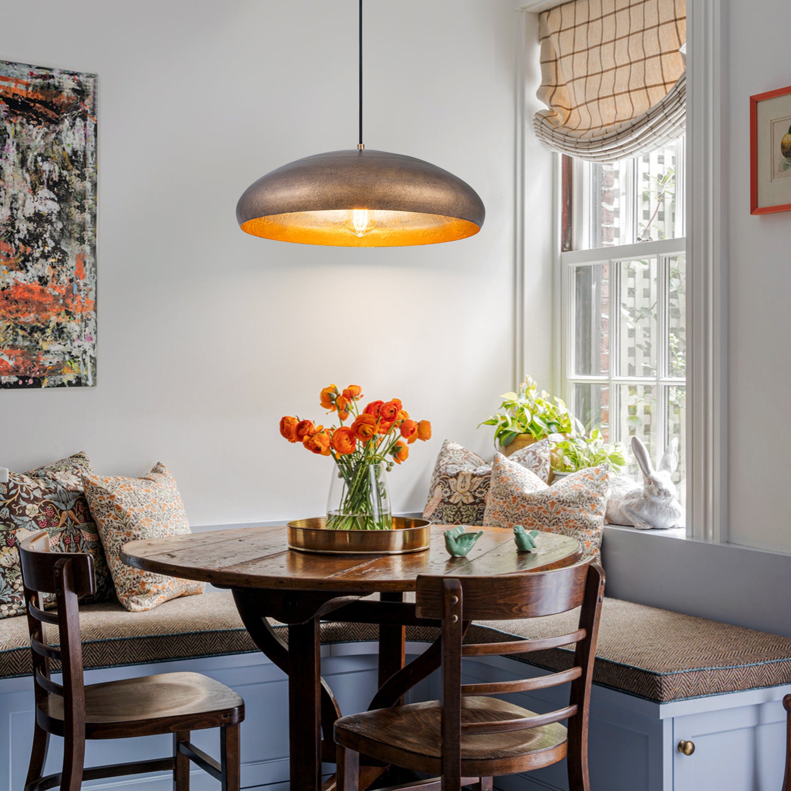 Glowlings 1-Light Industrial 20"Wide Oil Rubbed Bronze/Antique Gold Dome Pendant Light