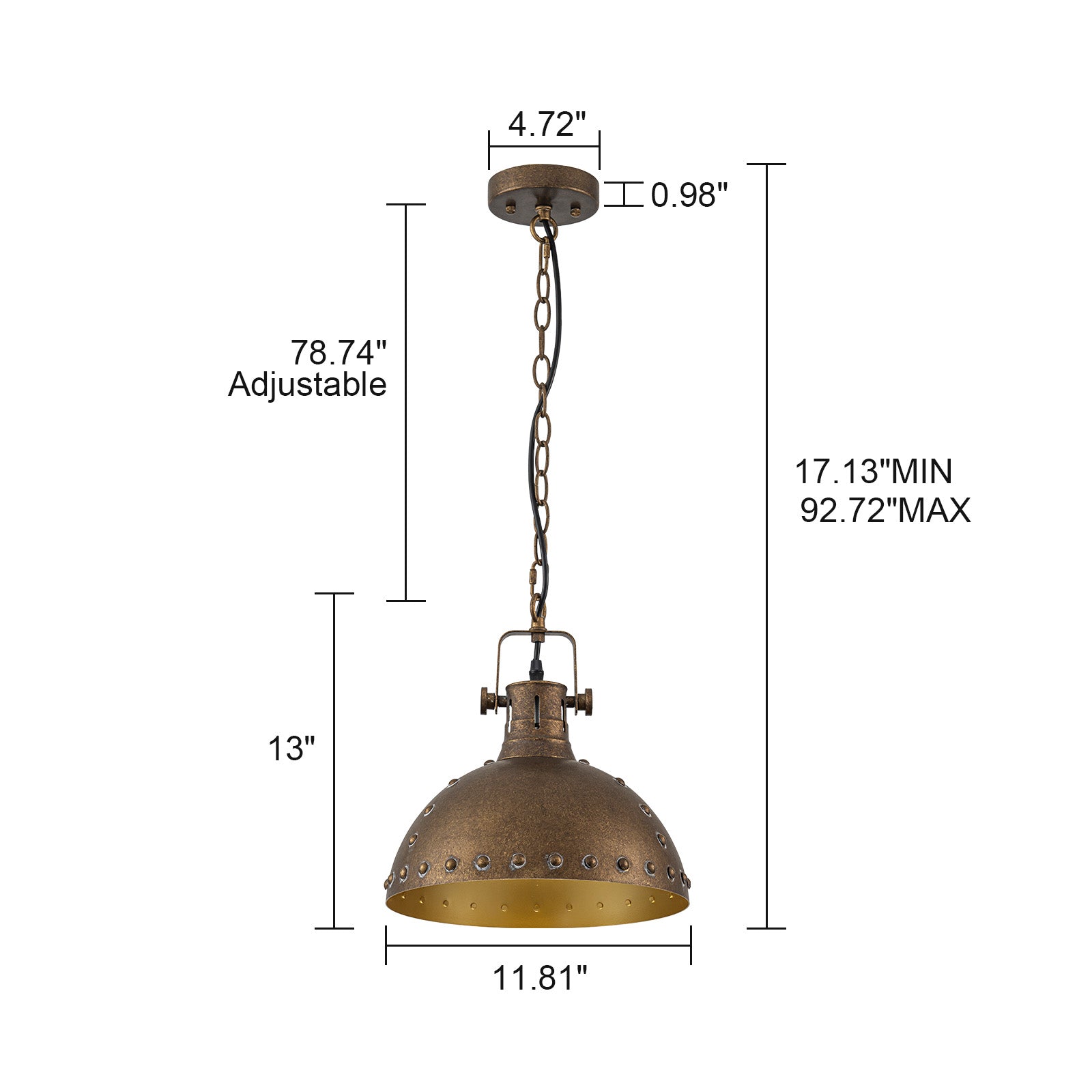 Glowlings 1-Light Industrial 12"Wide Rust Finish/Antique Gold Dome Pendant Light
