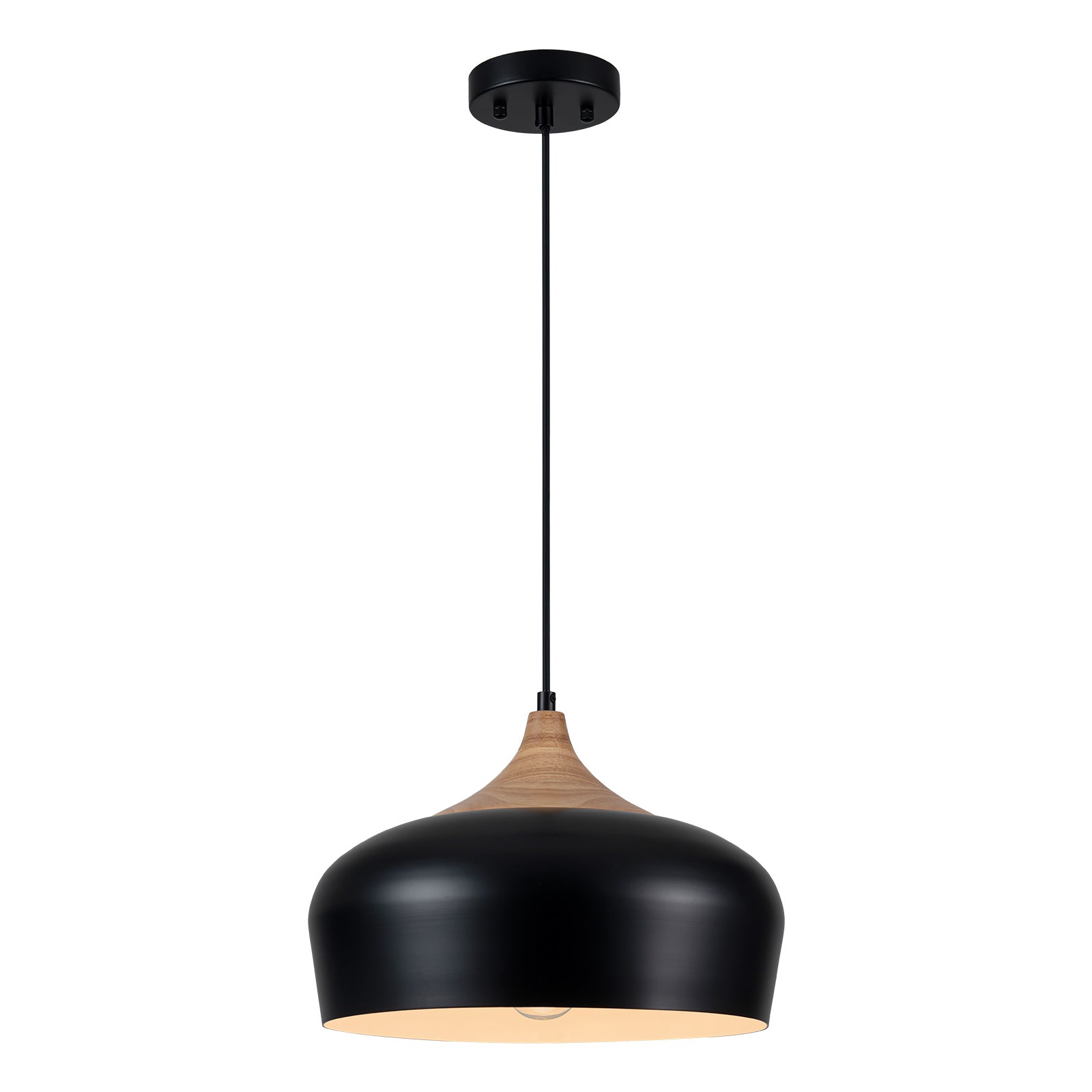 Glowlings 1-Light Modern 14"Wide Matte Black Wood Dome Pendant Light Island Light