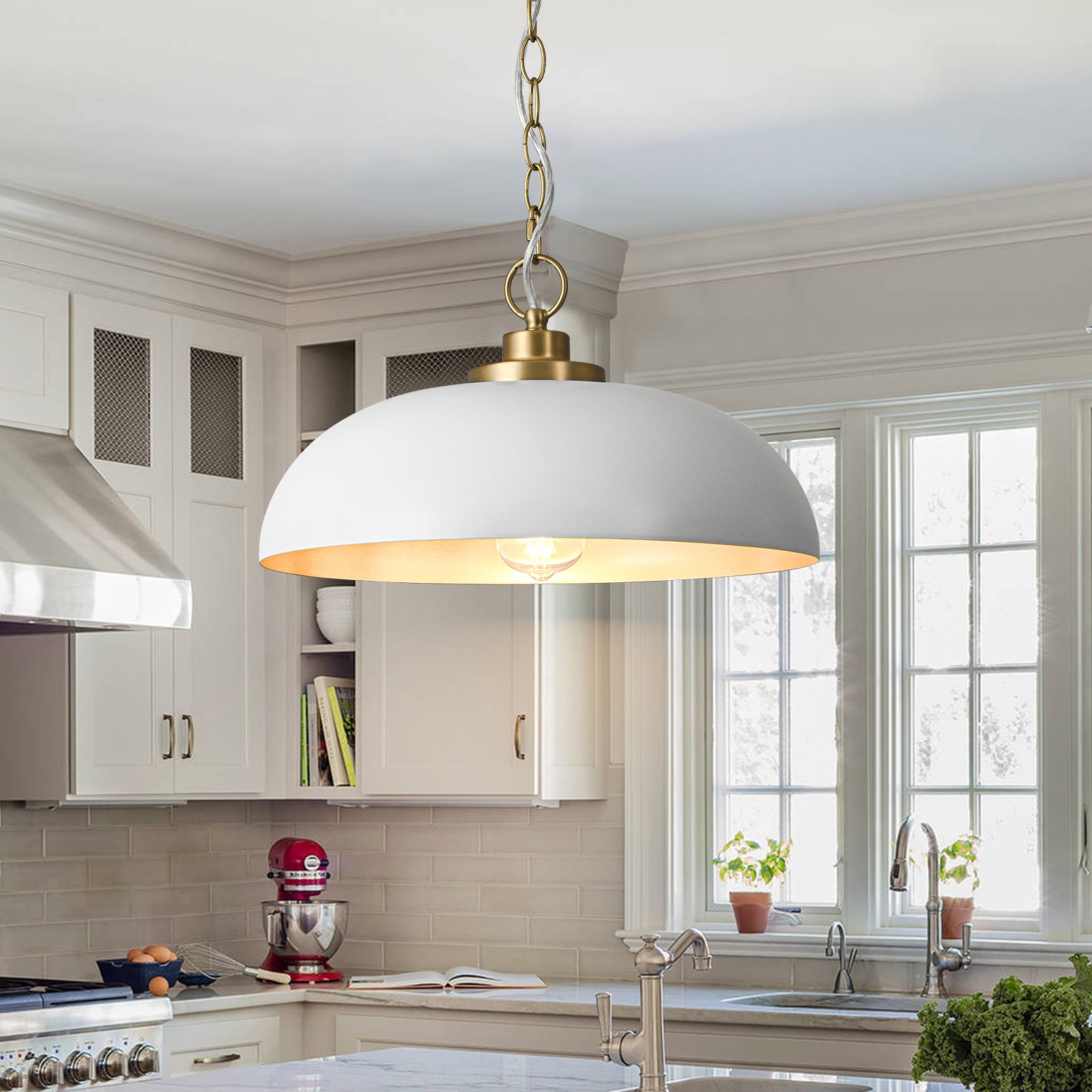 Glowlings 1-Light Mid-century 16"Wide Brushed Gold Matte Bowl Dome Pendant Light