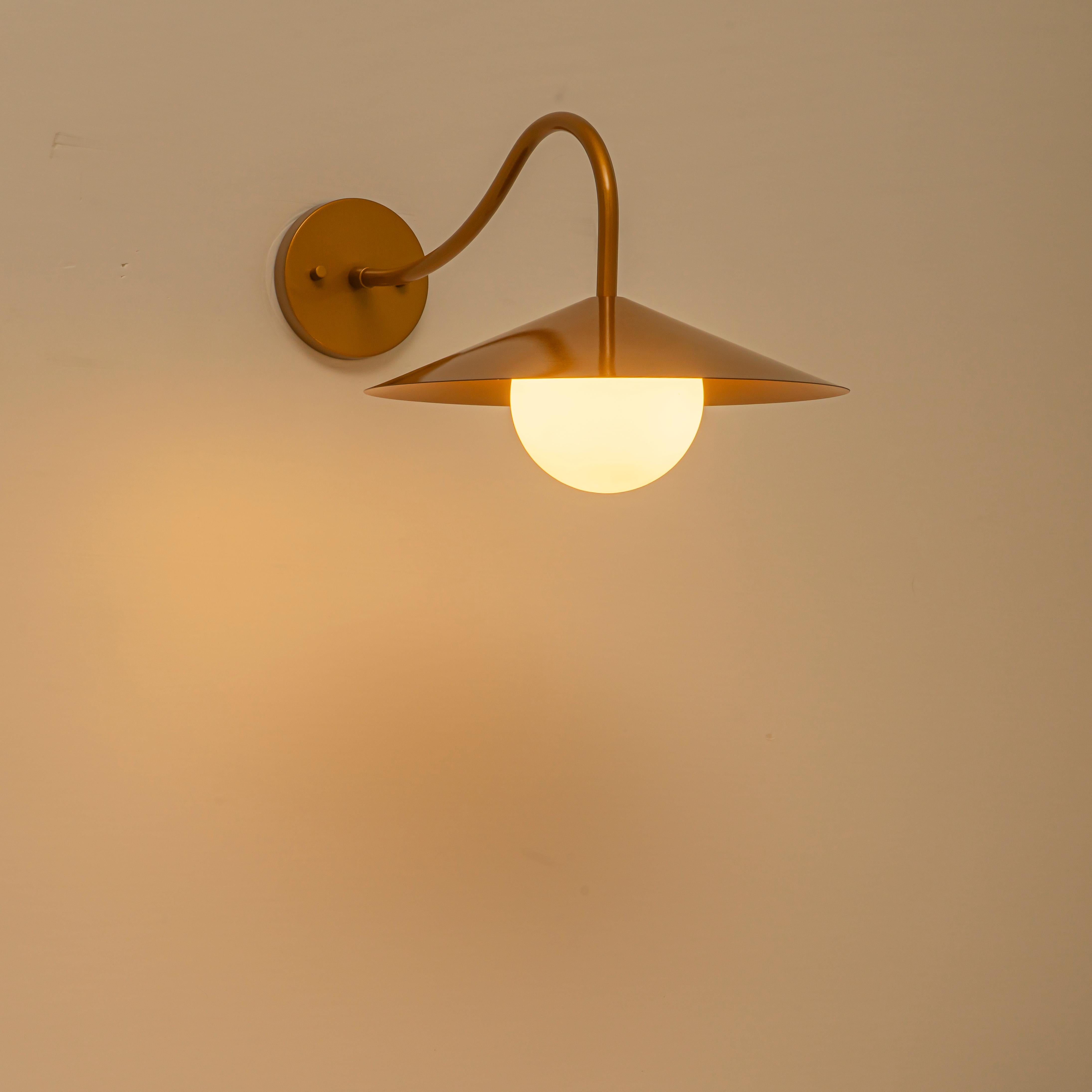 Glowlings 1-Light Mid-Century Modern Brass Cone Elegant Gooseneck Wall Sconce with Globe Opal Glass