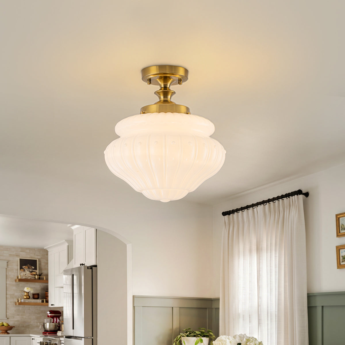 Glowling 1-Light Modern Semi Flush Mount Ceiling Light, Brushed Brass Vintage with Ribbed Glass Shade