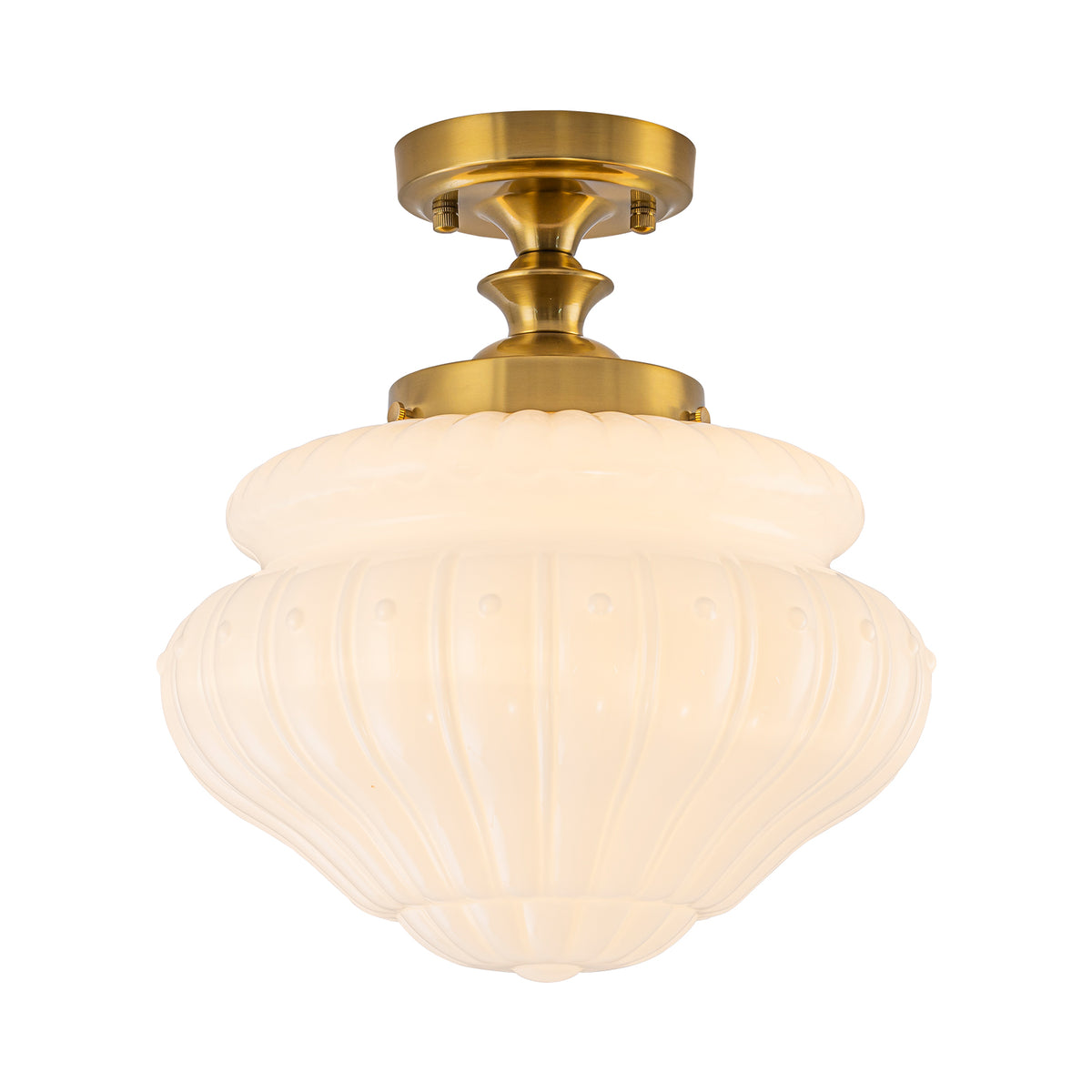 Glowling 1-Light Modern Semi Flush Mount Ceiling Light, Brushed Brass Vintage with Ribbed Glass Shade