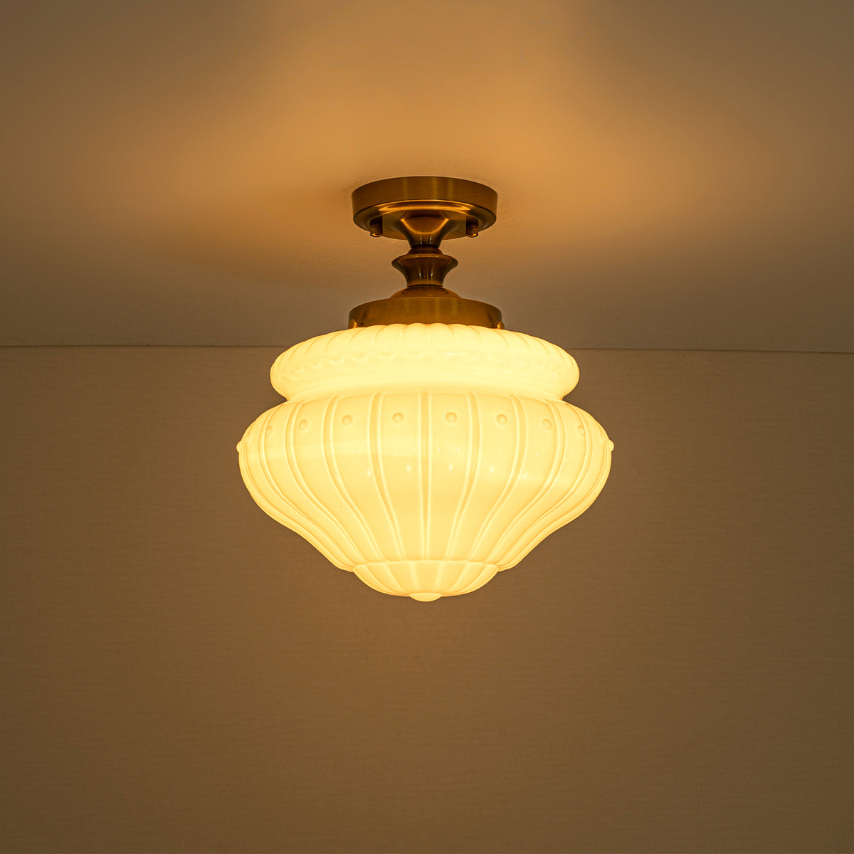 Glowling 1-Light Modern Semi Flush Mount Ceiling Light, Brushed Brass Vintage with Ribbed Glass Shade