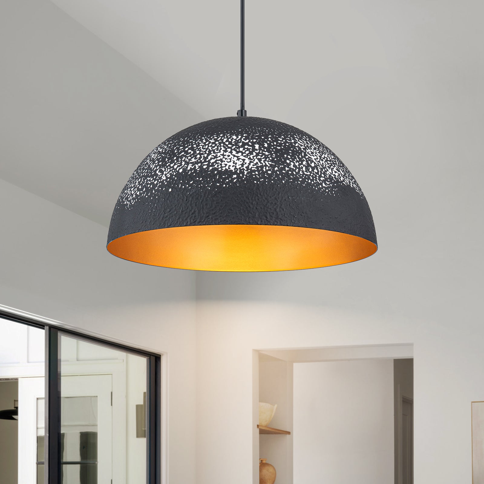 Glowlings 1-Light Modern 16"Wide Handmade Painted Textured Black Dome Pendant Light