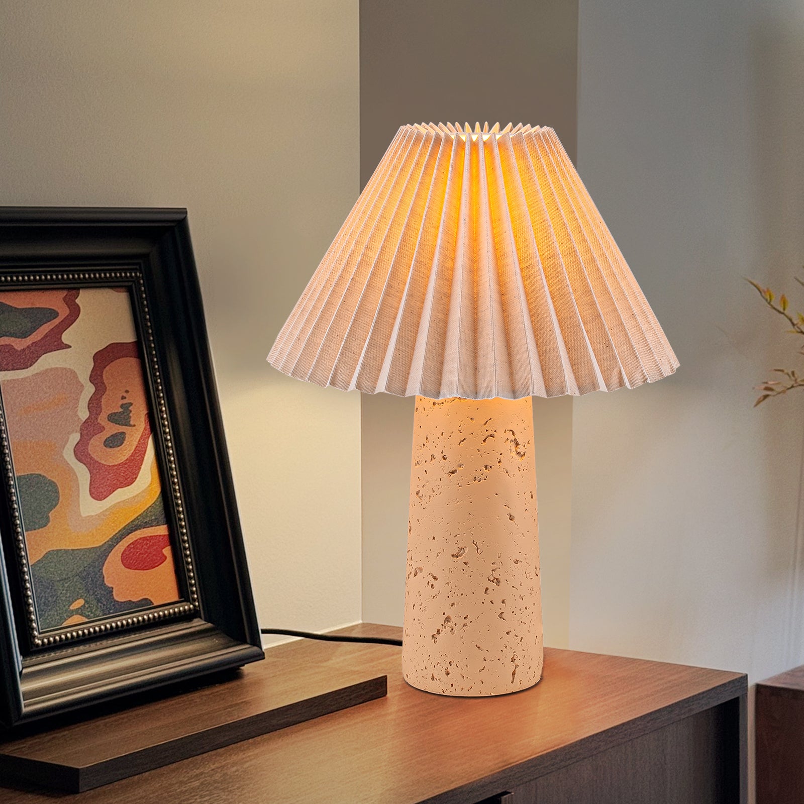 Glowlings 1-Light Modern Beige Natural Stone Fabric Side Table Lamp