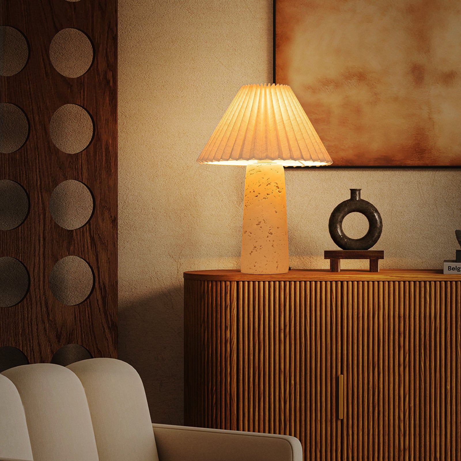 Glowlings 1-Light Modern Beige Natural Stone Fabric Side Table Lamp