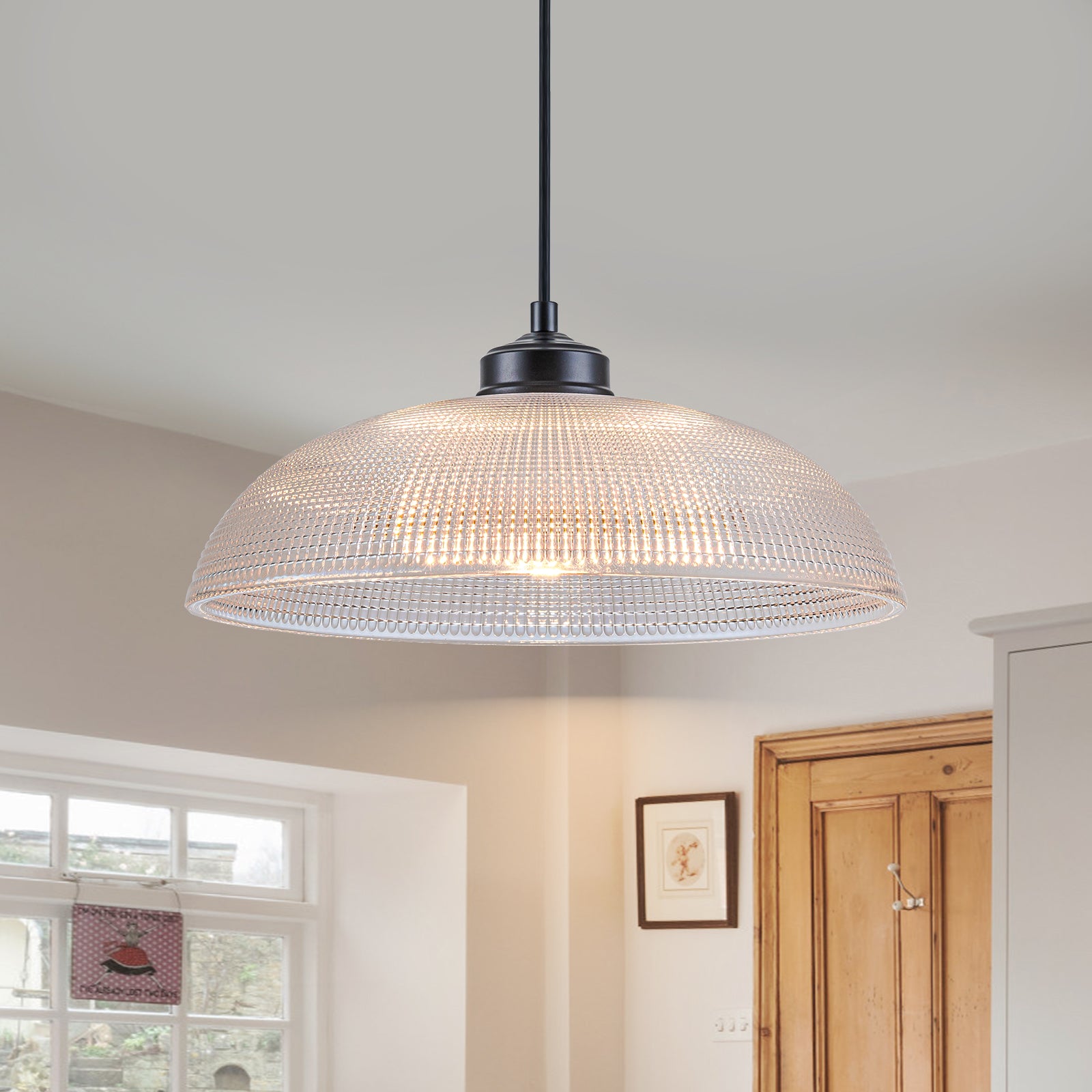 Glowlings 1-Light Modern Black Clear Textured Grid Glass Dome Pendant Light Island Light