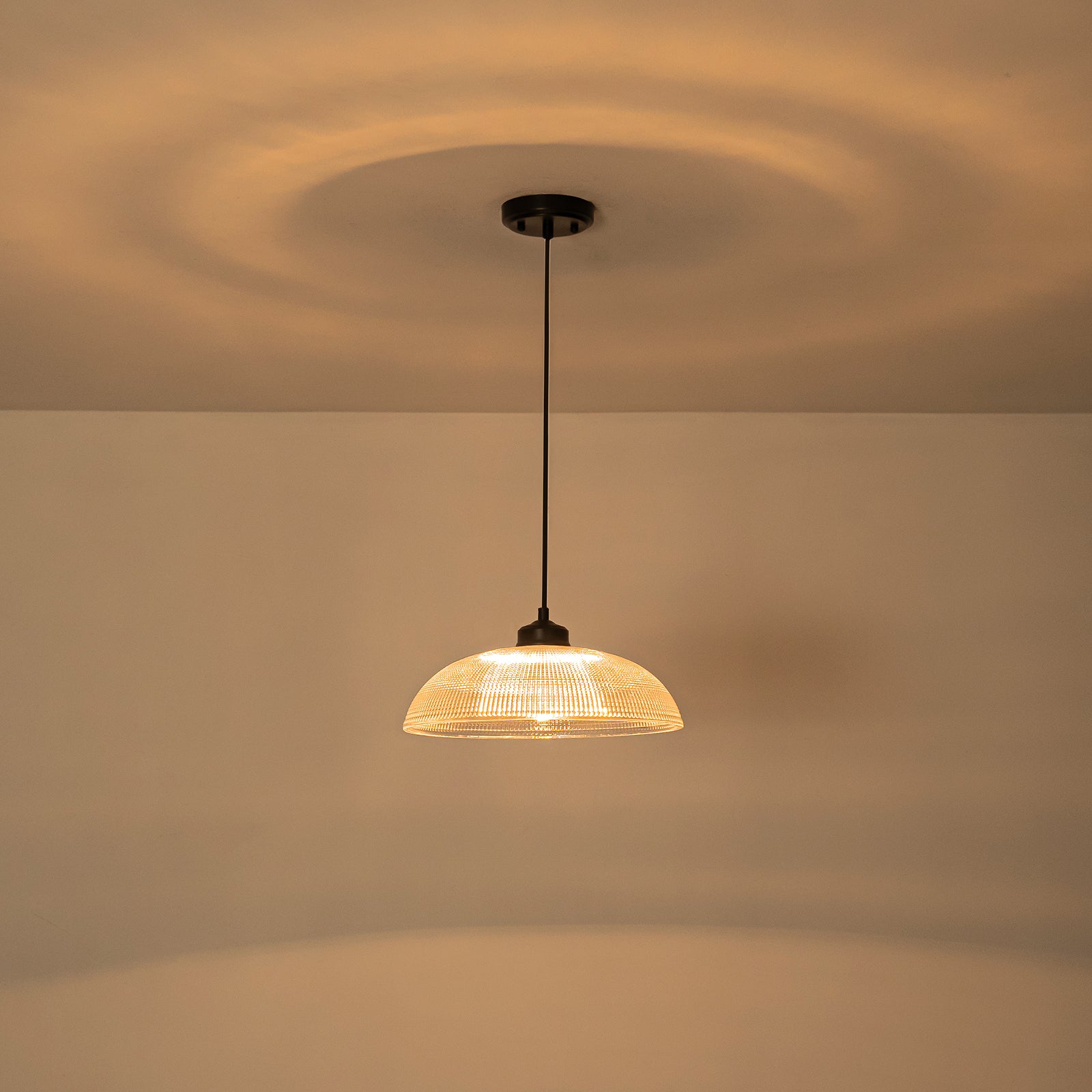 Glowlings 1-Light Modern Black Clear Textured Grid Glass Dome Pendant Light Island Light