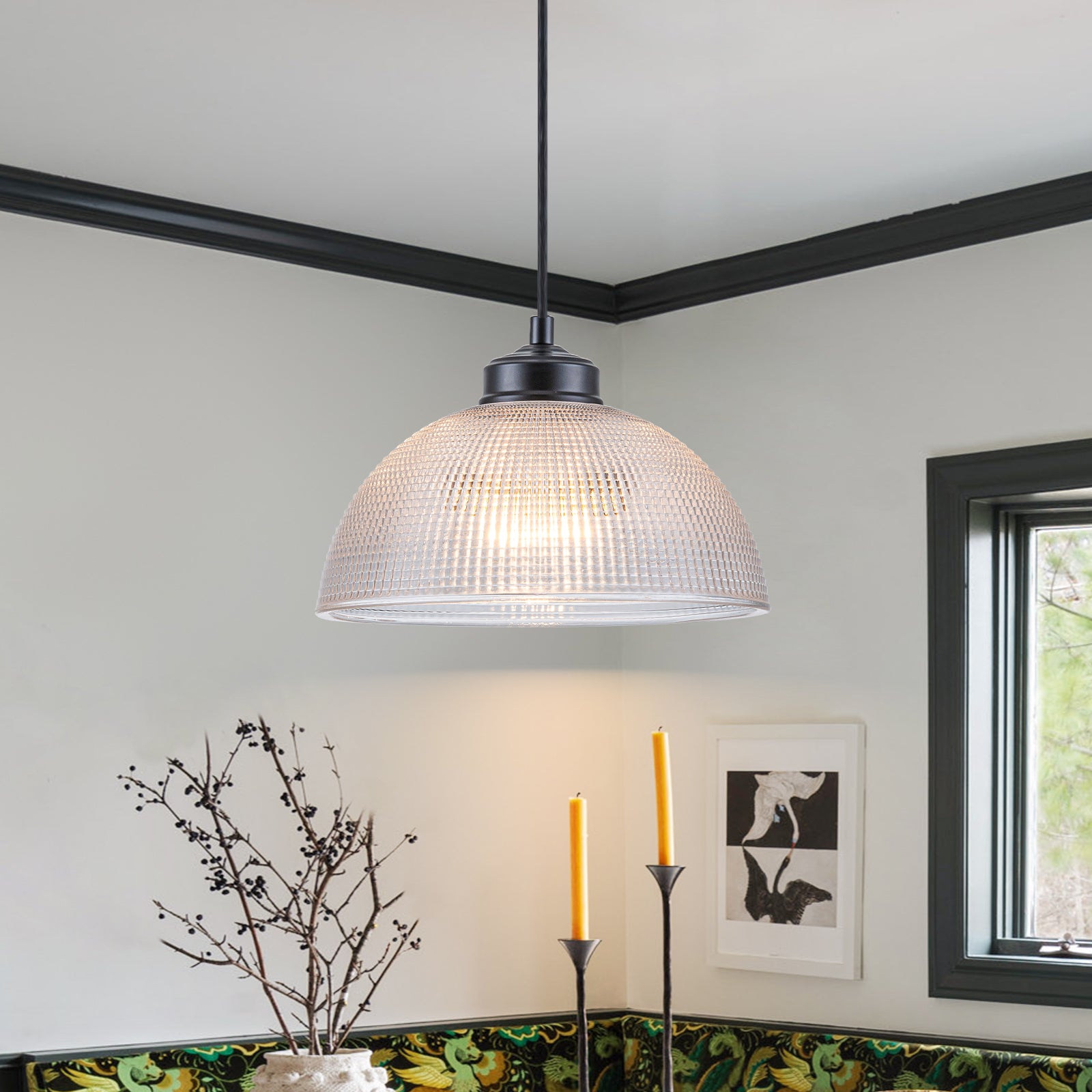 Glowlings 1-Light Modern Black Clear Textured Grid Glass Dome Pendant Light Island Light