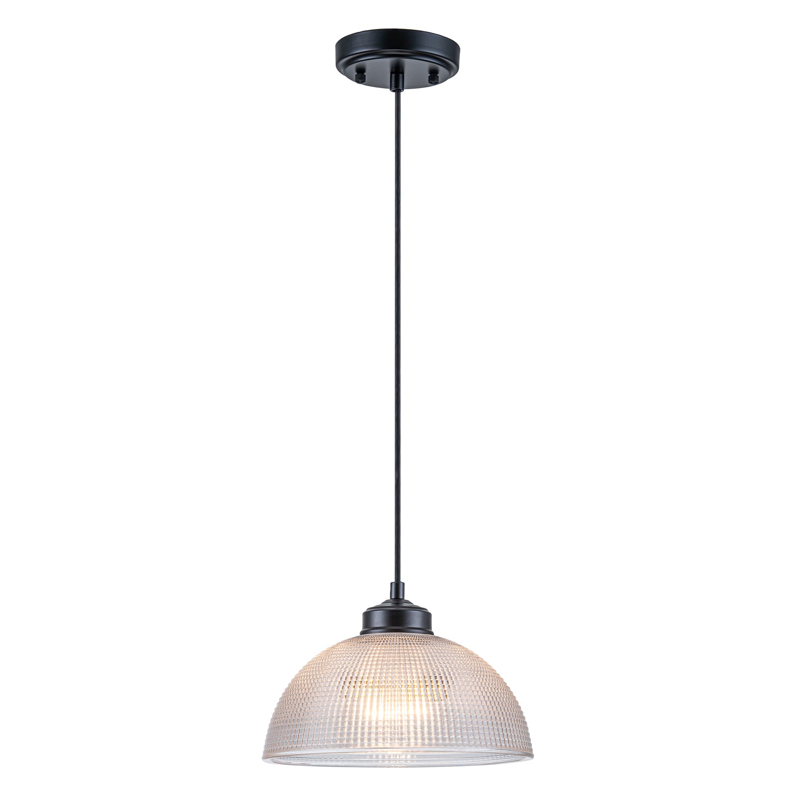 Glowlings 1-Light Modern Black Clear Textured Grid Glass Dome Pendant Light Island Light