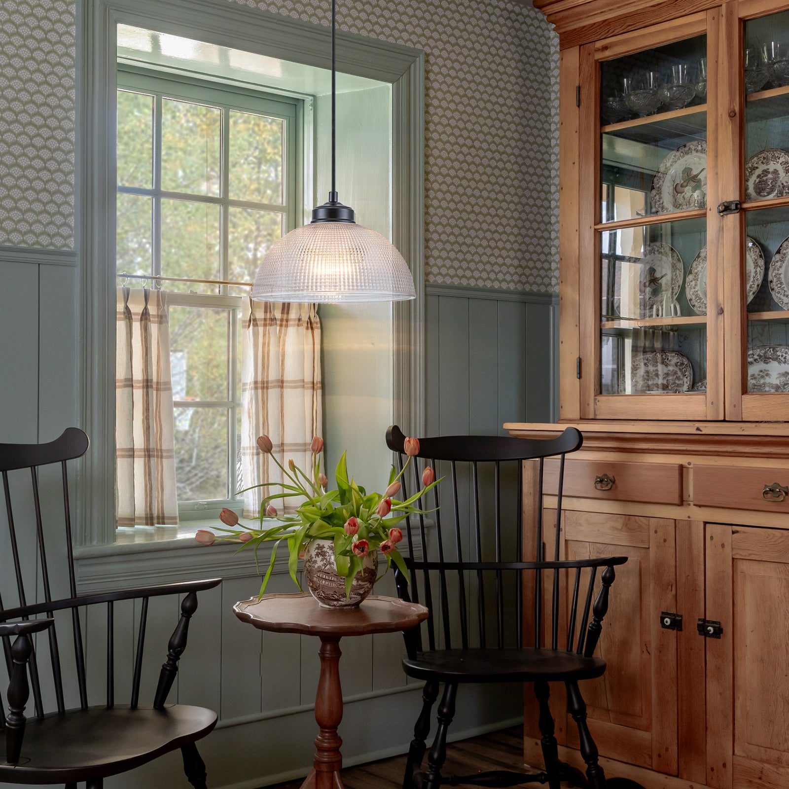 Glowlings 1-Light Modern Black Clear Textured Grid Glass Dome Pendant Light Island Light