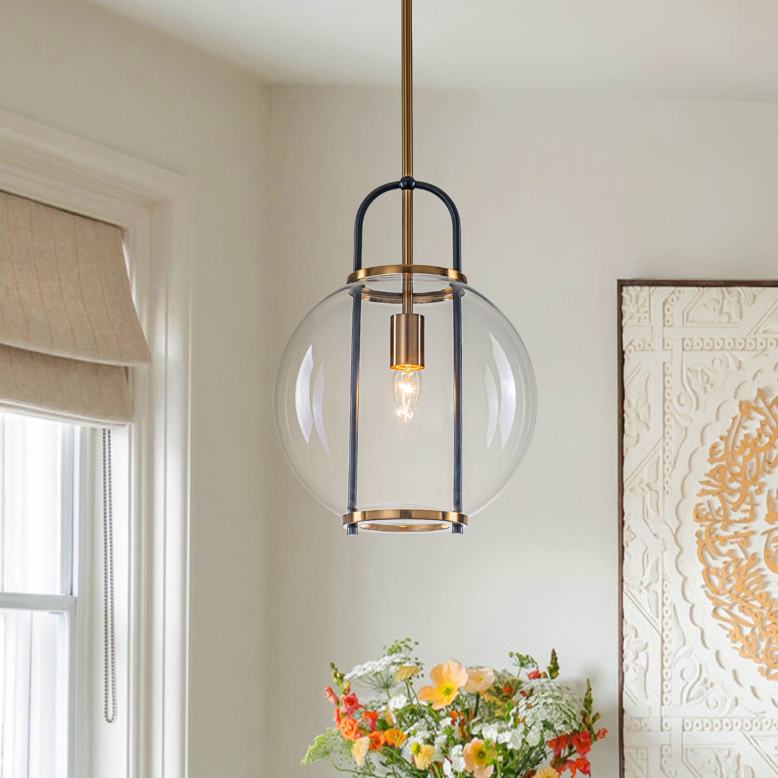 Glowlings 1-Light Modern 12"Wide Black Globe Clear Glass Pendant Light