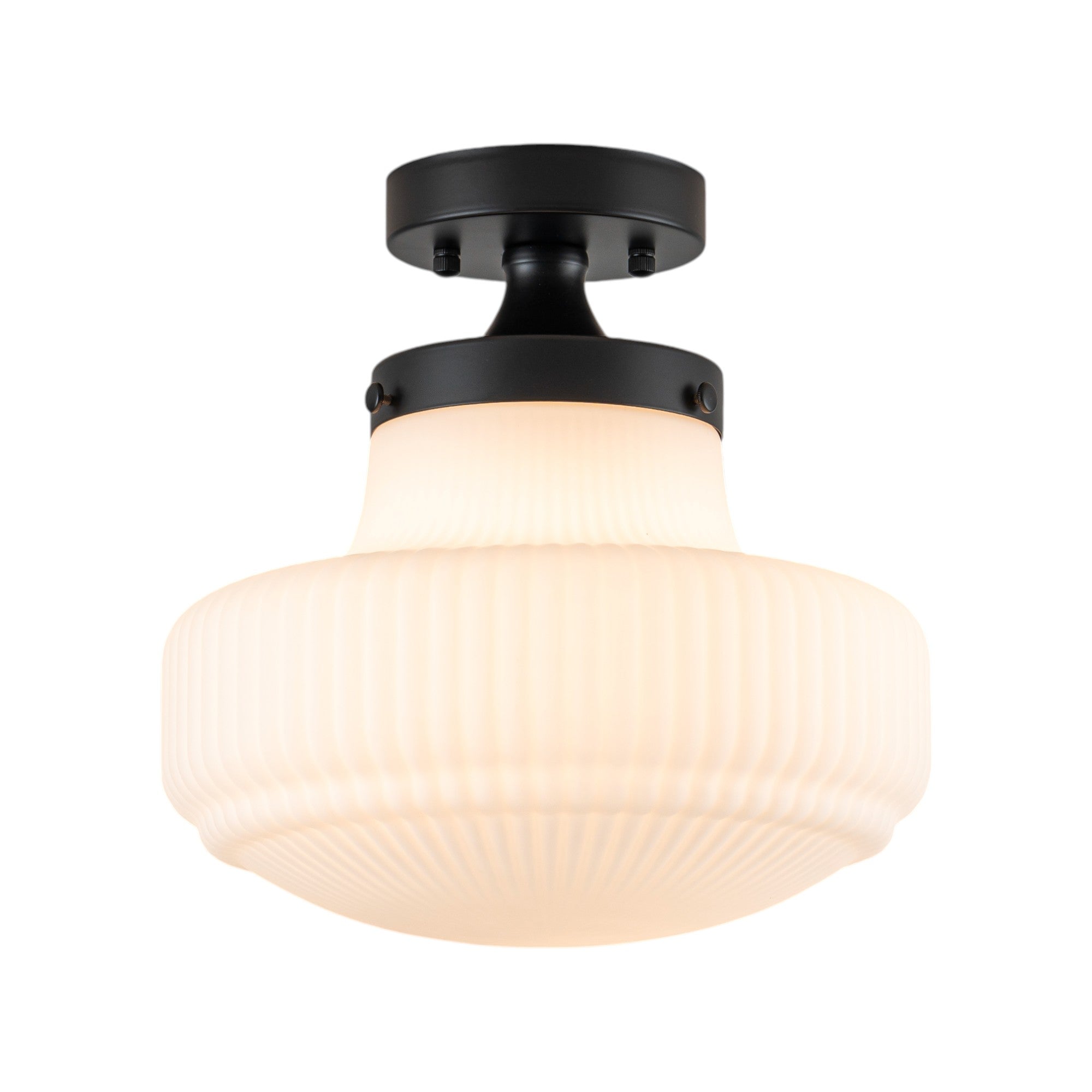 Glowlings 1-Light Modern 11"Wide Black Ribbed Opal Glass Dome Semi-Flush Mount Ceiling Light