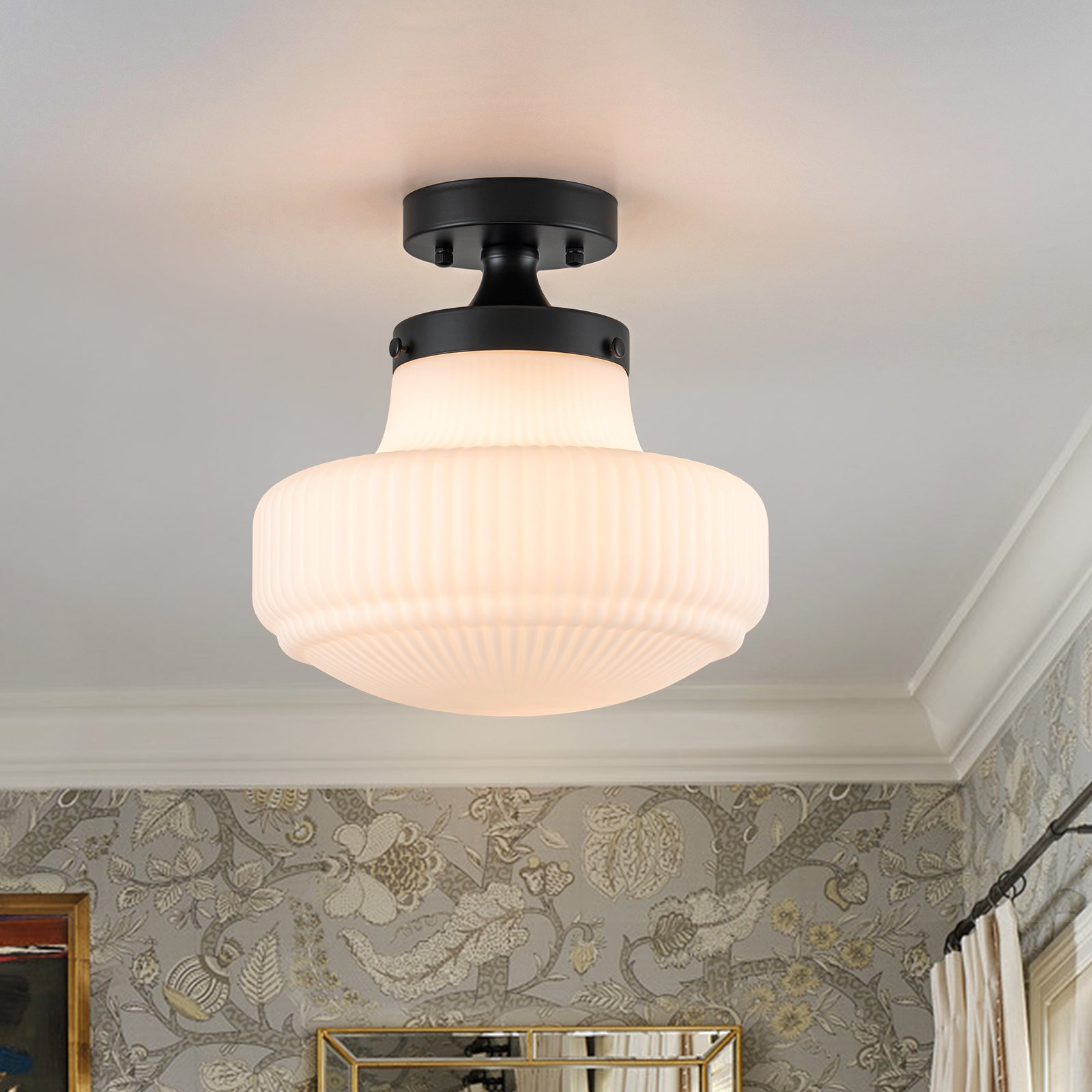 Glowlings 1-Light Modern 11"Wide Black Ribbed Opal Glass Dome Semi-Flush Mount Ceiling Light