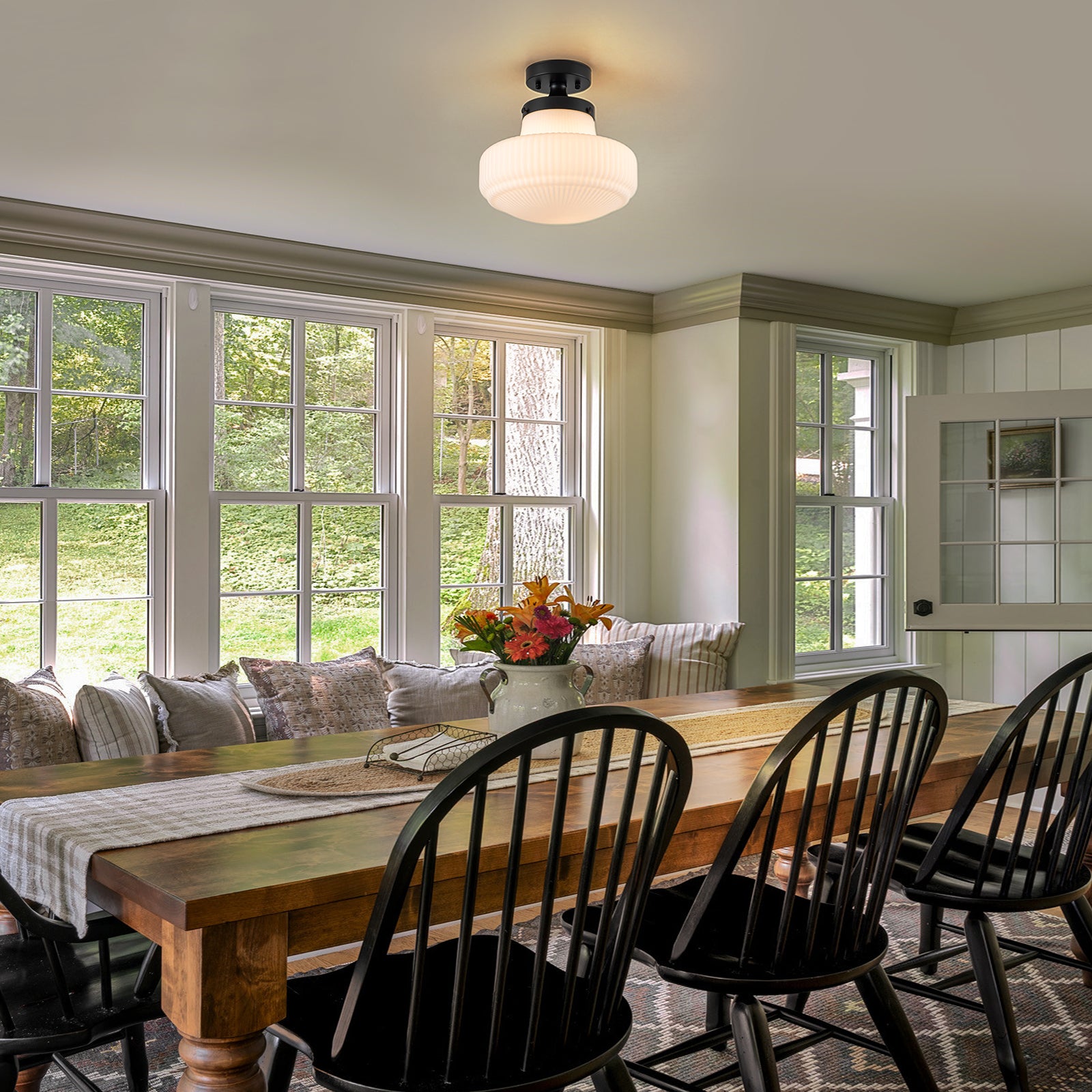 Glowlings 1-Light Modern 11"Wide Black Ribbed Opal Glass Dome Semi-Flush Mount Ceiling Light