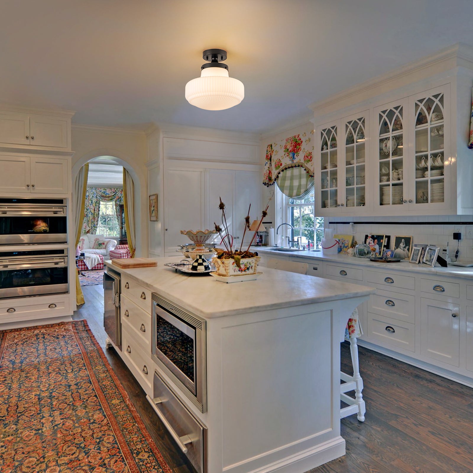 Glowlings 1-Light Modern 11"Wide Black Ribbed Opal Glass Dome Semi-Flush Mount Ceiling Light