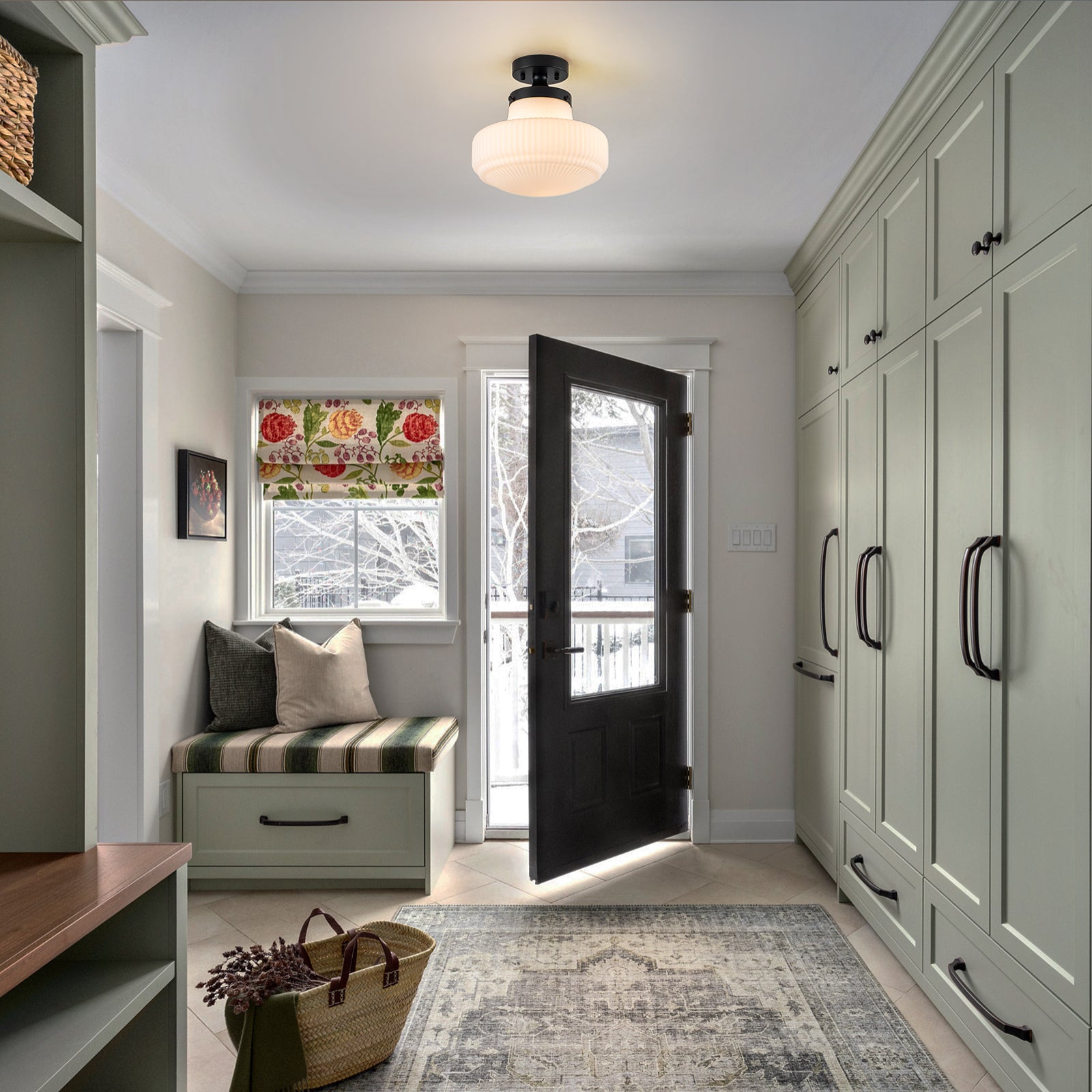 Glowlings 1-Light Modern 11"Wide Black Ribbed Opal Glass Dome Semi-Flush Mount Ceiling Light