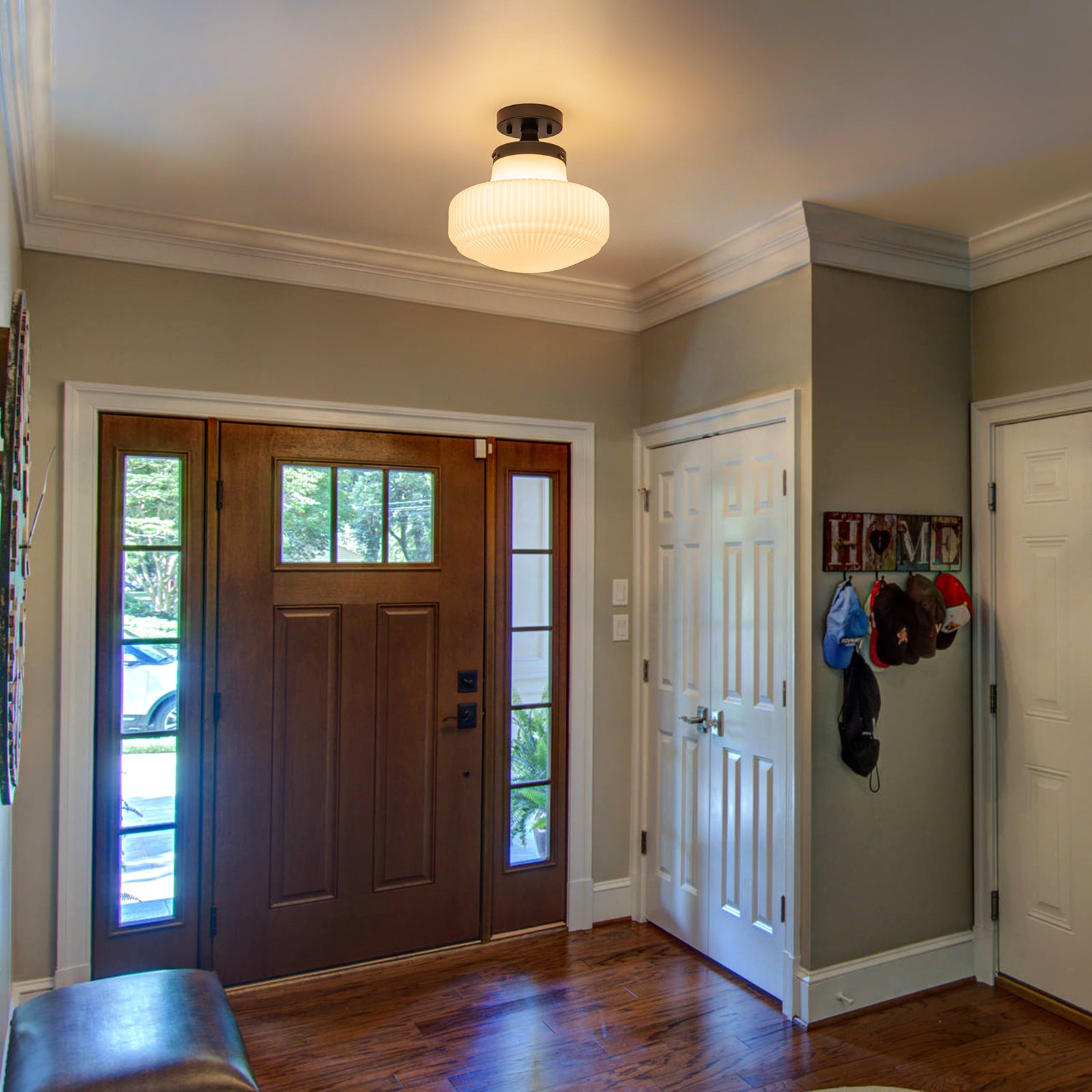 Glowlings 1-Light Modern 11"Wide Black Ribbed Opal Glass Dome Semi-Flush Mount Ceiling Light