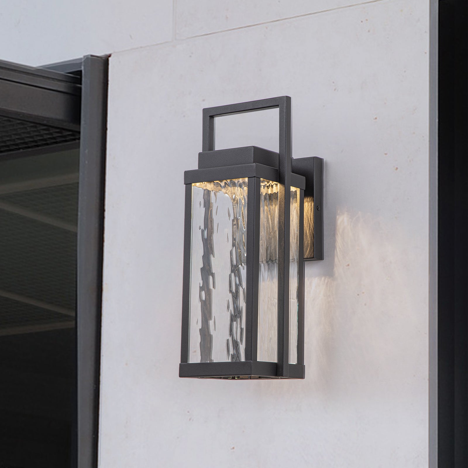 Glowlings 1-Light Modern 15"High Black Ripple Glass Lantern LED Outdoor Wall Sconce
