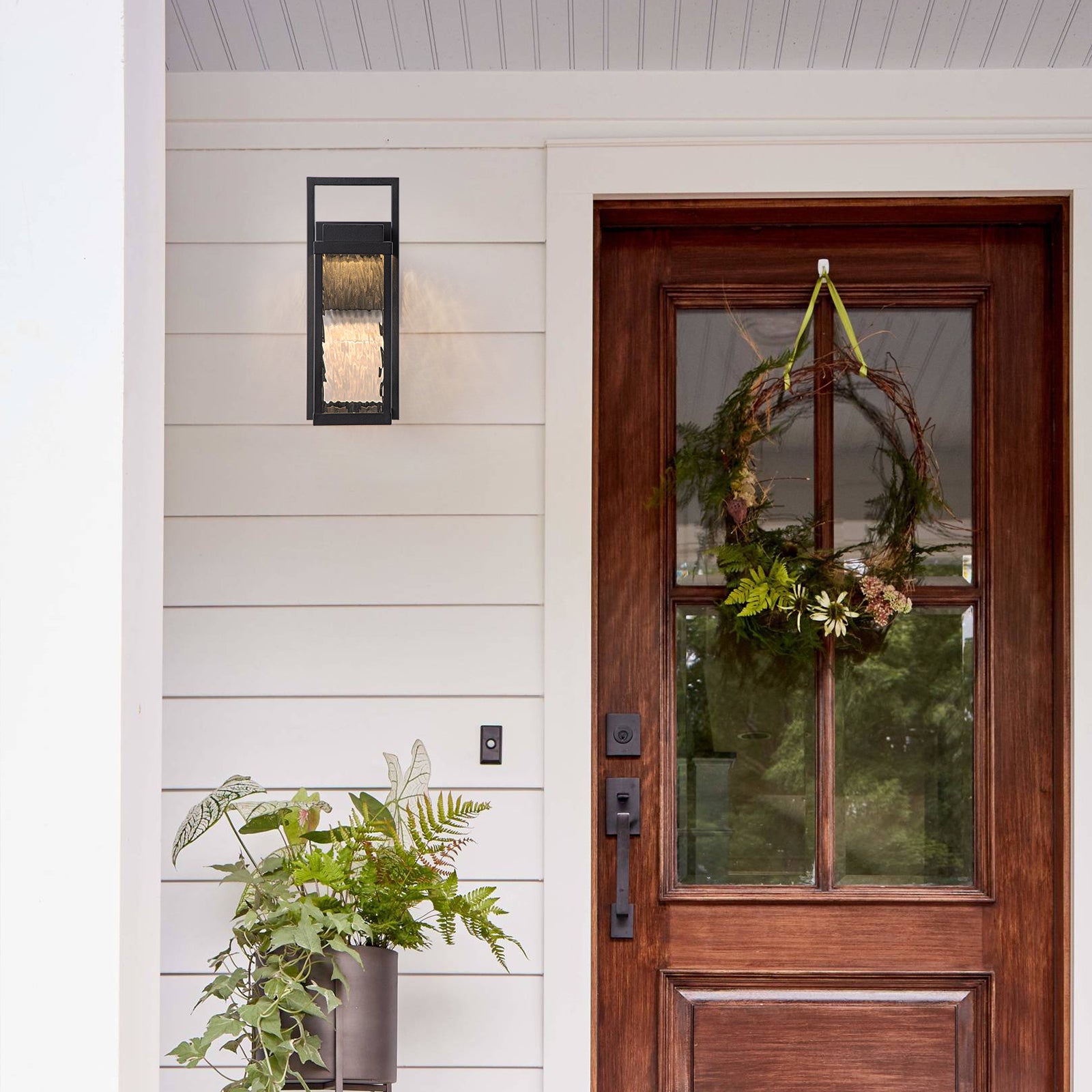 Glowlings 1-Light Modern 15"High Black Ripple Glass Lantern LED Outdoor Wall Sconce