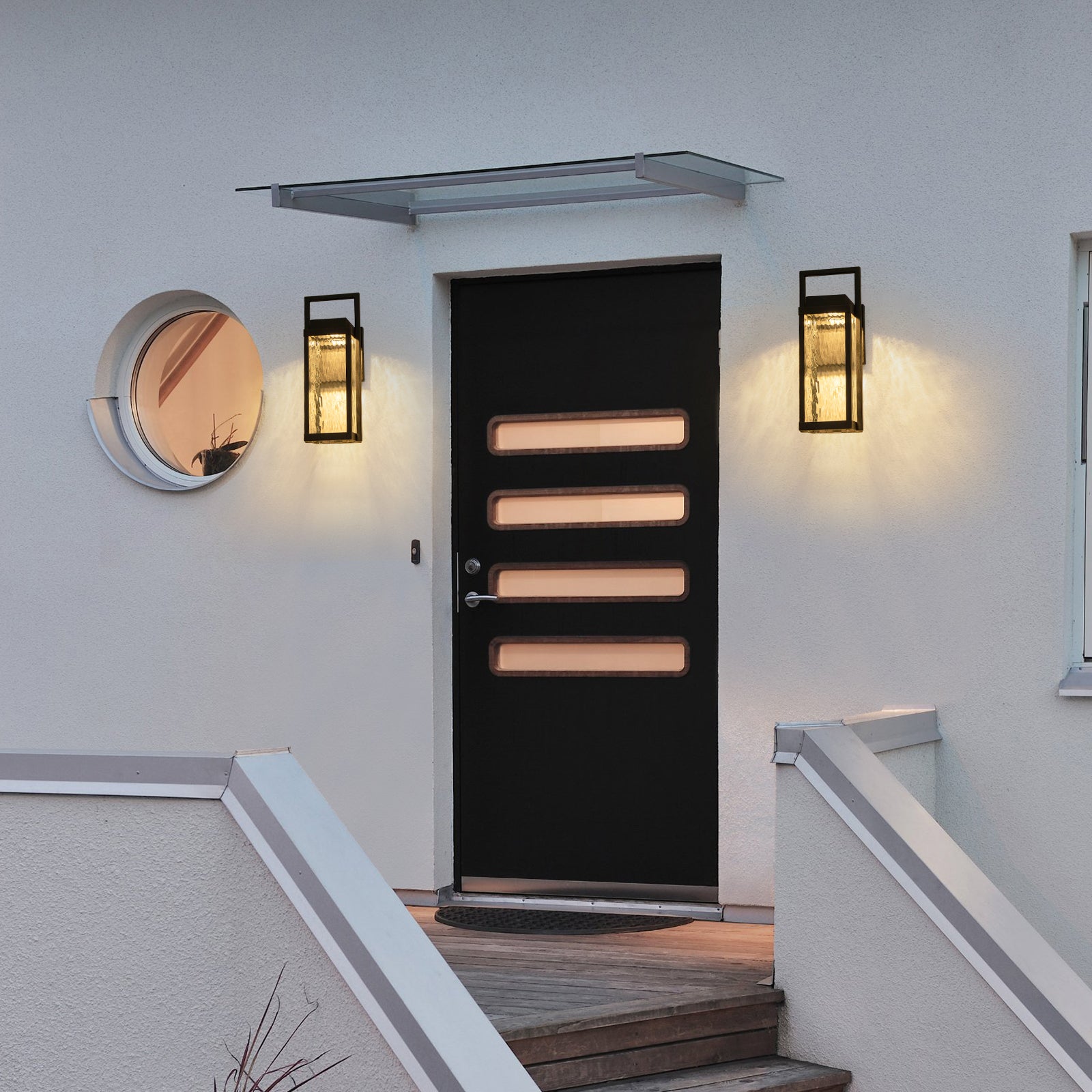 Glowlings 1-Light Modern 15"High Black Ripple Glass Lantern LED Outdoor Wall Sconce