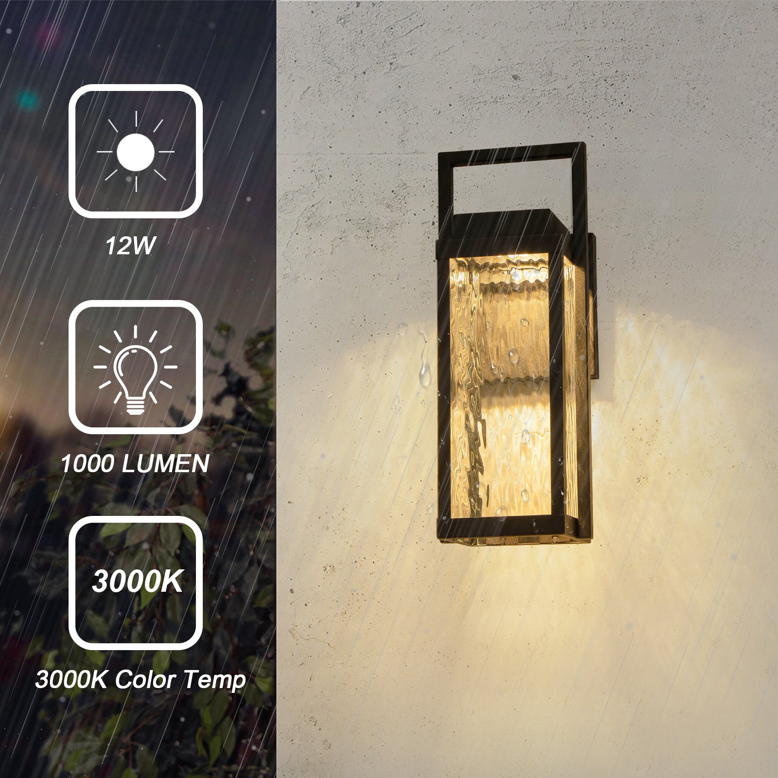 Glowlings 1-Light Modern 15"High Black Ripple Glass Lantern LED Outdoor Wall Sconce