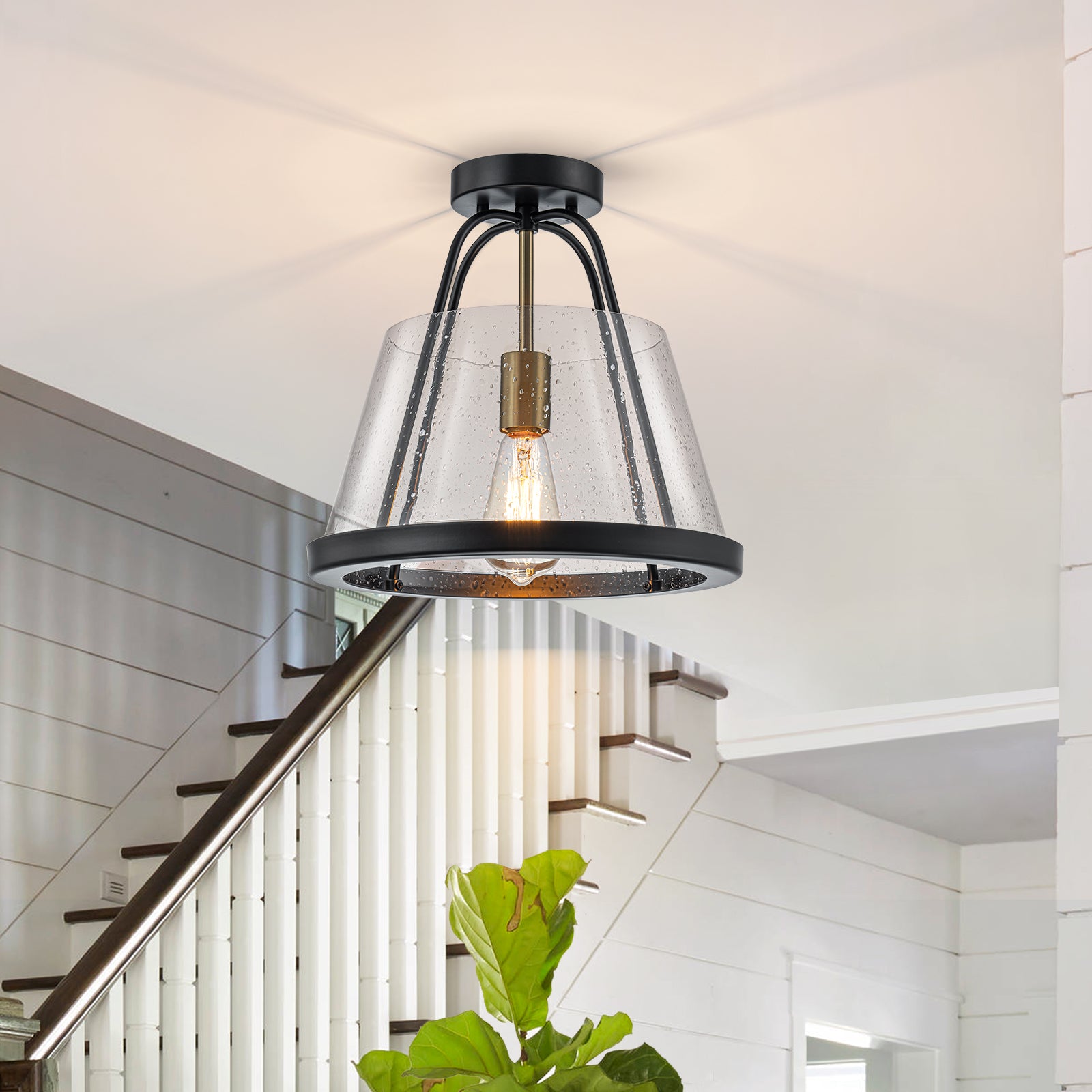 Glowlings 1-Light Modern 11"Wide Black Seeded Glass Cone Semi-Flush Mount