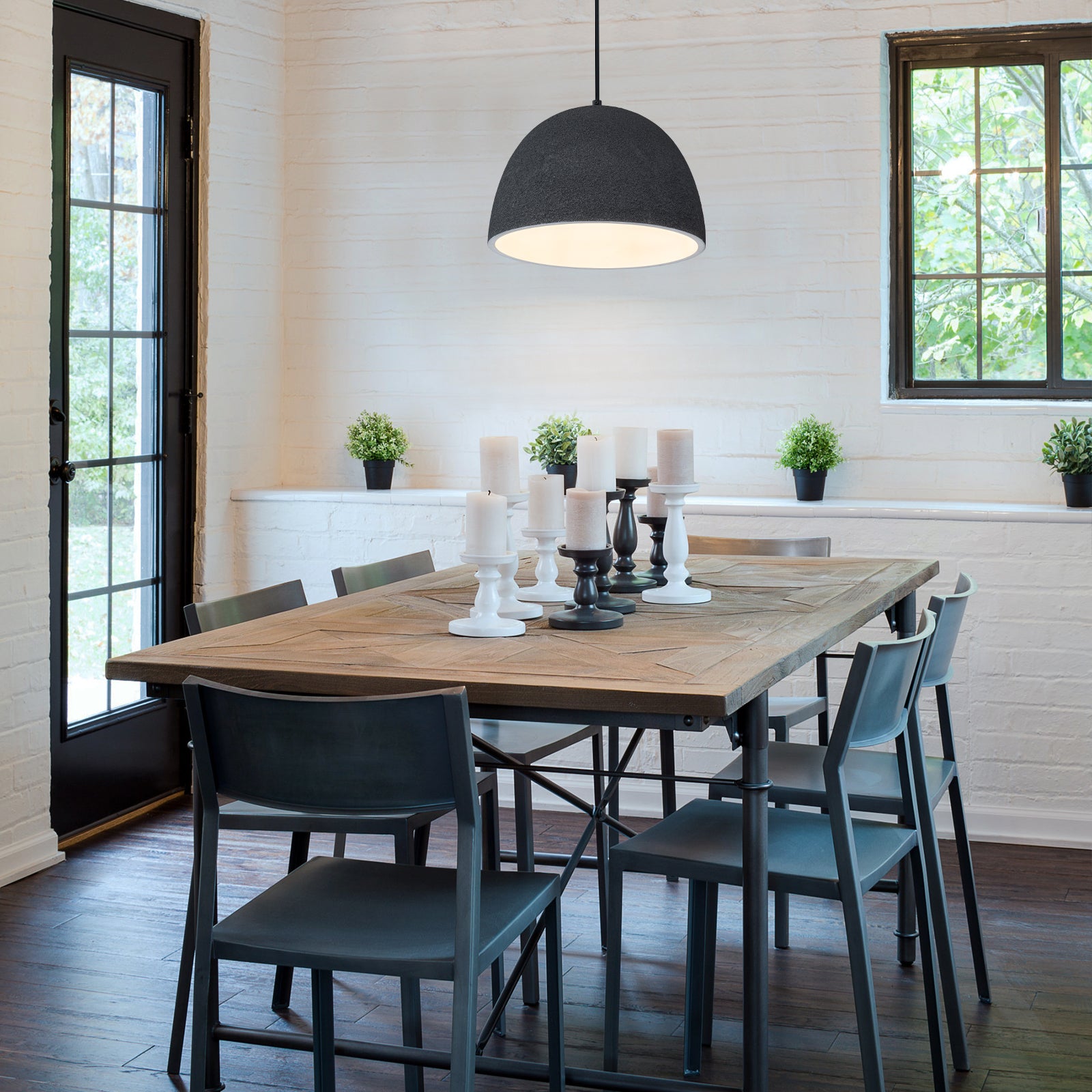 Glowlings 1-Light Modern 12"Wide Black Texture Dome Pendant Light Island Light