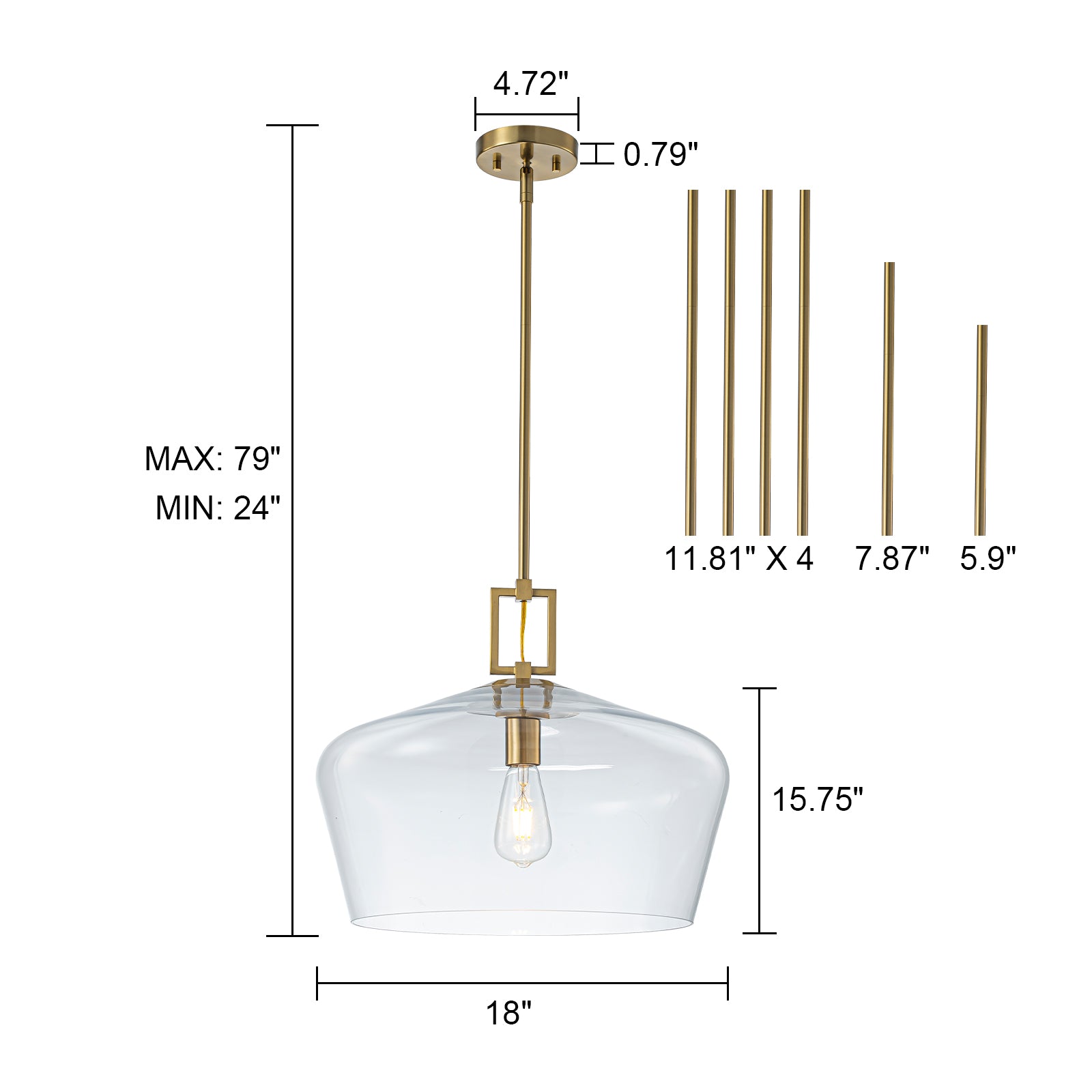 Glowlings 1-Light Modern 18"Wide Brass Clear Glass Dome Pendant Light Island Light