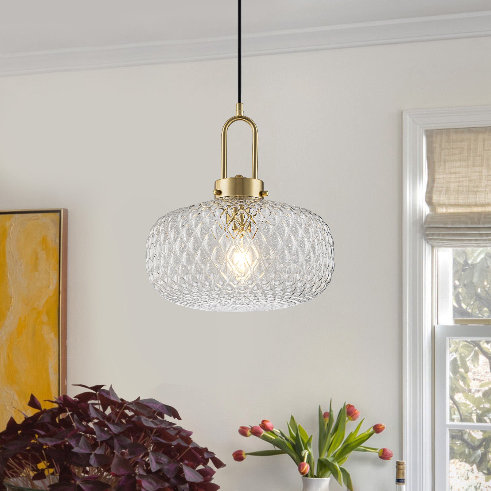 Glowlings 1-Light Modern Brass Clear Textured Glass Pendant Light, Mid-Century Hanging Ceiling Light Fixture