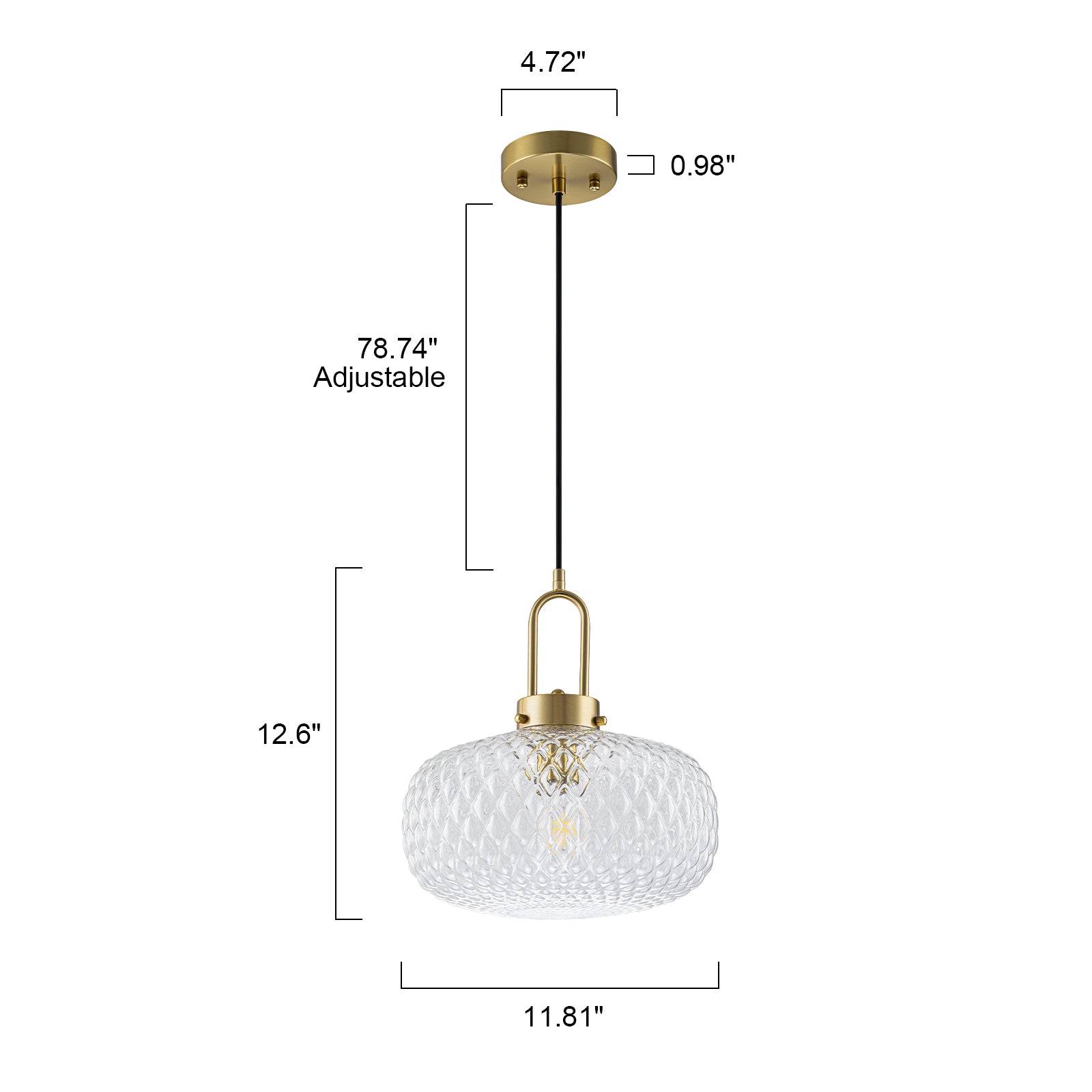 Glowlings 1-Light Modern Brass Clear Textured Glass Pendant Light, Mid-Century Hanging Ceiling Light Fixture