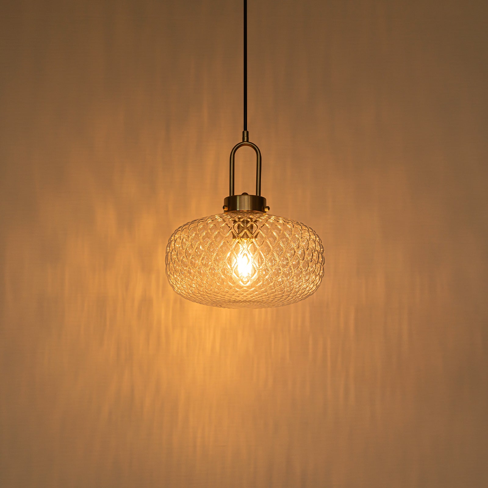 Glowlings 1-Light Modern Brass Clear Textured Glass Pendant Light, Mid-Century Hanging Ceiling Light Fixture