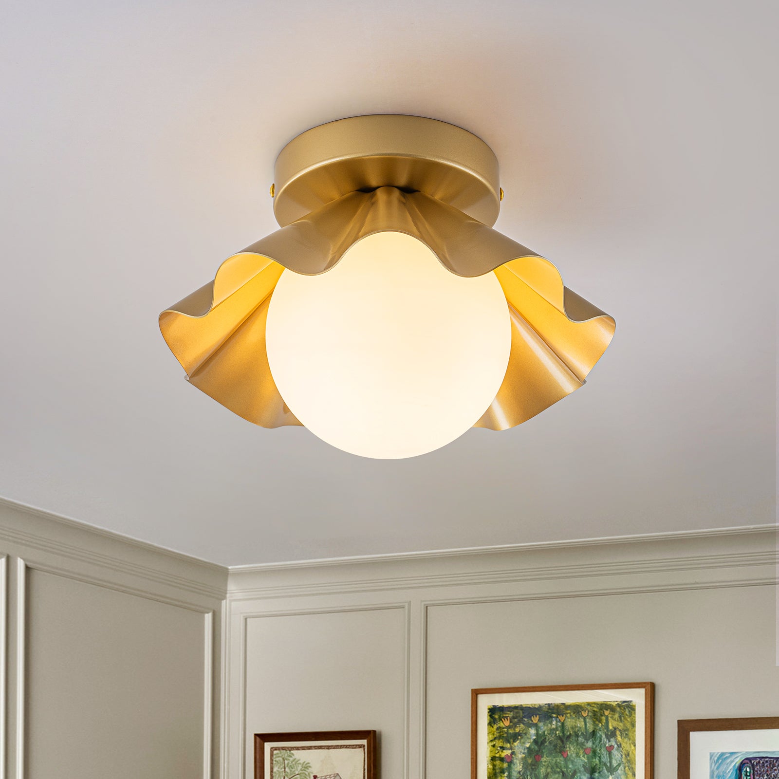 Glowlings 1-Light Modern Brass Flower Shape Opal Globe Glass Flush Mount Ceiling Light