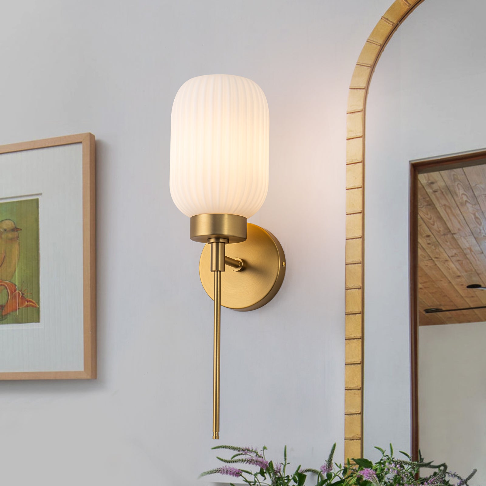 Glowlings 1-Light Modern Brass Ribbed Glass Wall Sconce Bathroom Vanity Light