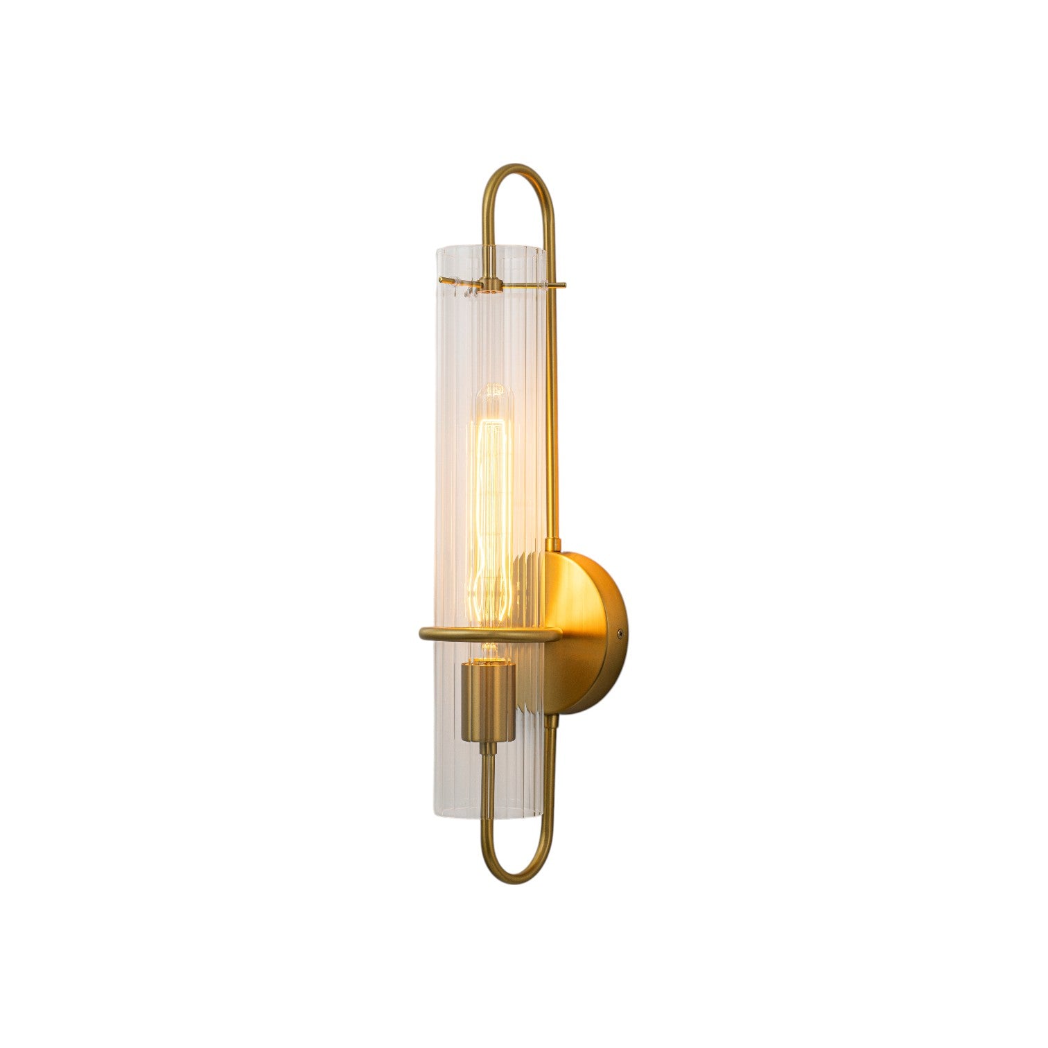 Glowlings 1-Light Modern Brushed Brass Ribbed Fluted Glass Tube U-Shaped Wall Sconce