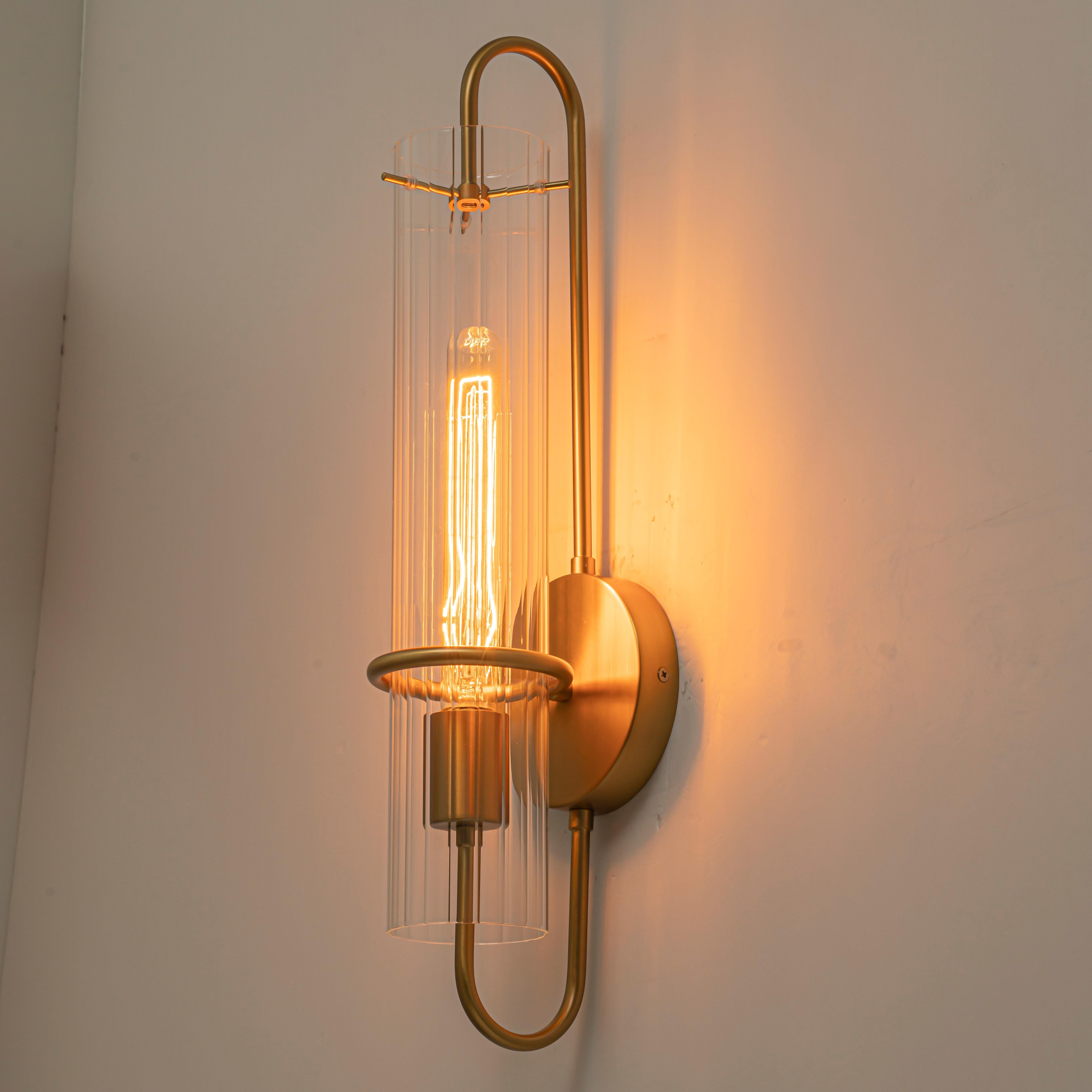 Glowlings 1-Light Modern Brushed Brass Ribbed Fluted Glass Tube U-Shaped Wall Sconce
