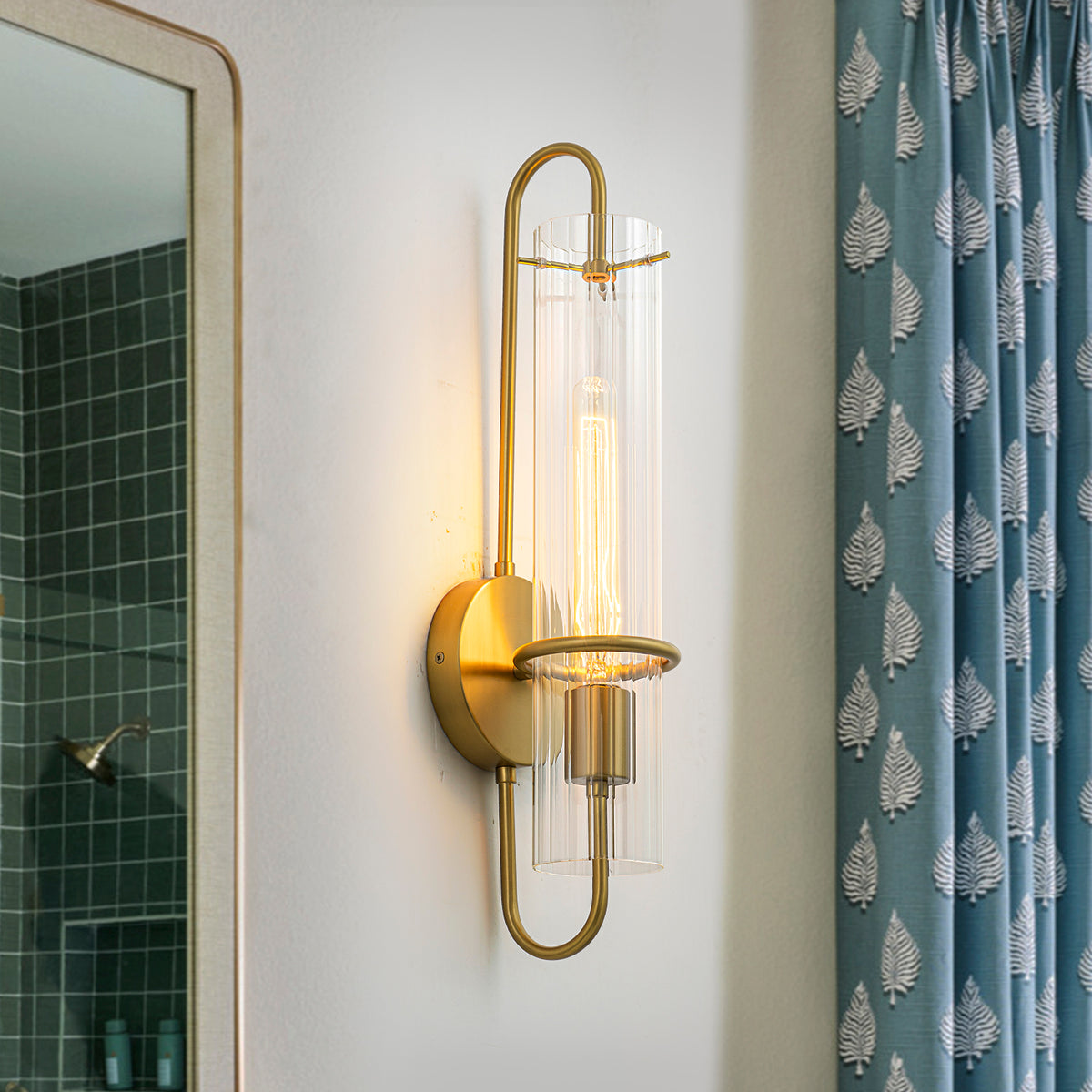 Glowlings 1-Light Modern Brushed Brass Ribbed Fluted Glass Tube U-Shaped Wall Sconce
