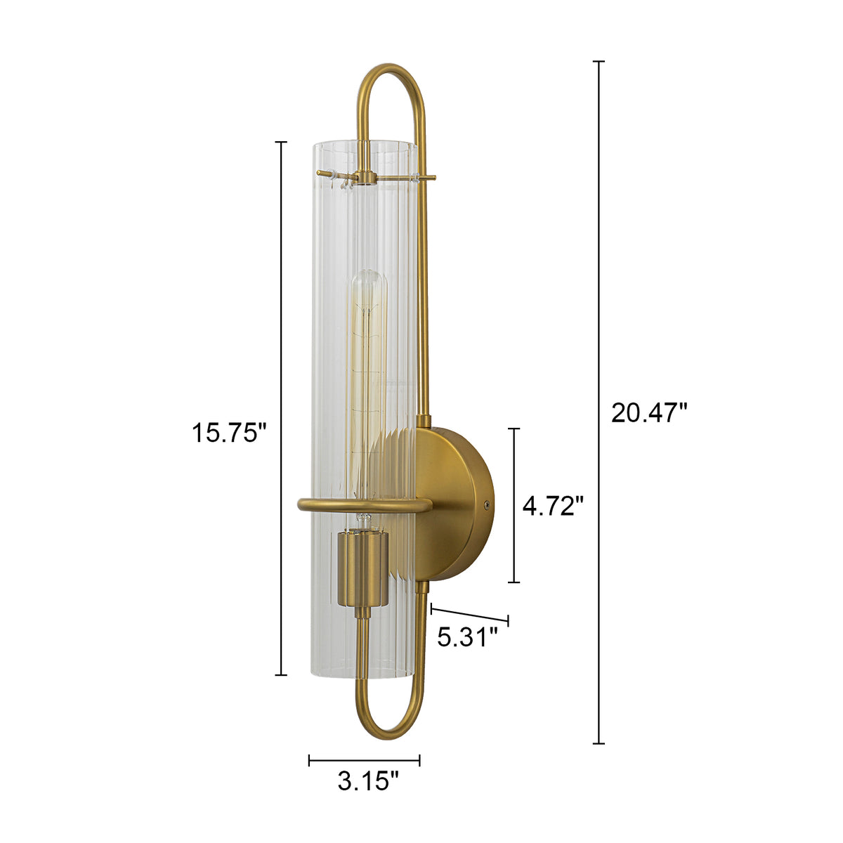Glowlings 1-Light Modern Brushed Brass Ribbed Fluted Glass Tube U-Shaped Wall Sconce