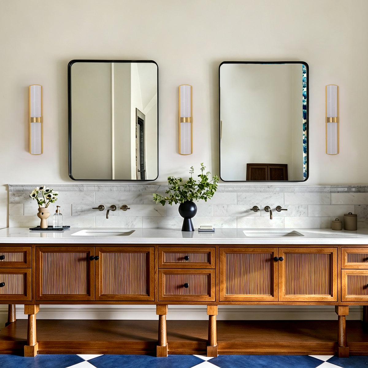Glowlings 1-Light Modern 26"H Brushed Gold Dimmable Wall Sconce Faux Alabaster Cylinder LED Vanity Light