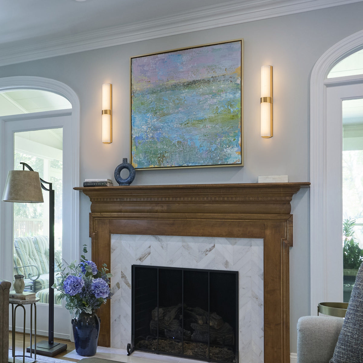 Glowlings 1-Light Modern 26"H Brushed Gold Dimmable Wall Sconce Faux Alabaster Cylinder LED Vanity Light