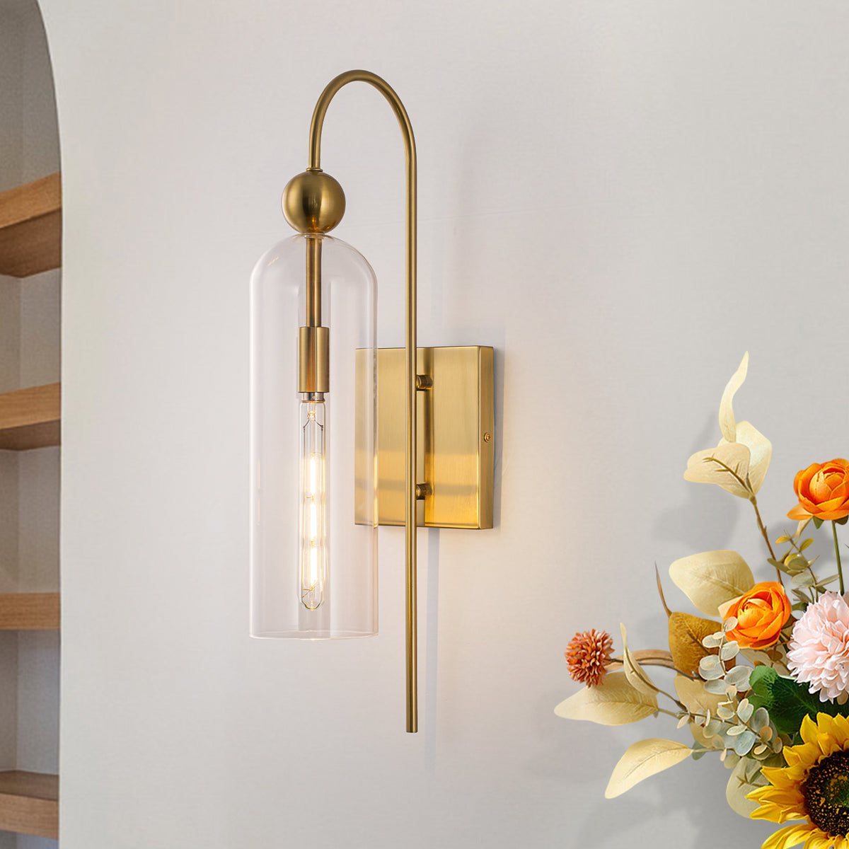Glowlings 1-Light Luxury 21"High Clear Glass Antique Brass Cylinder Wall Sconce
