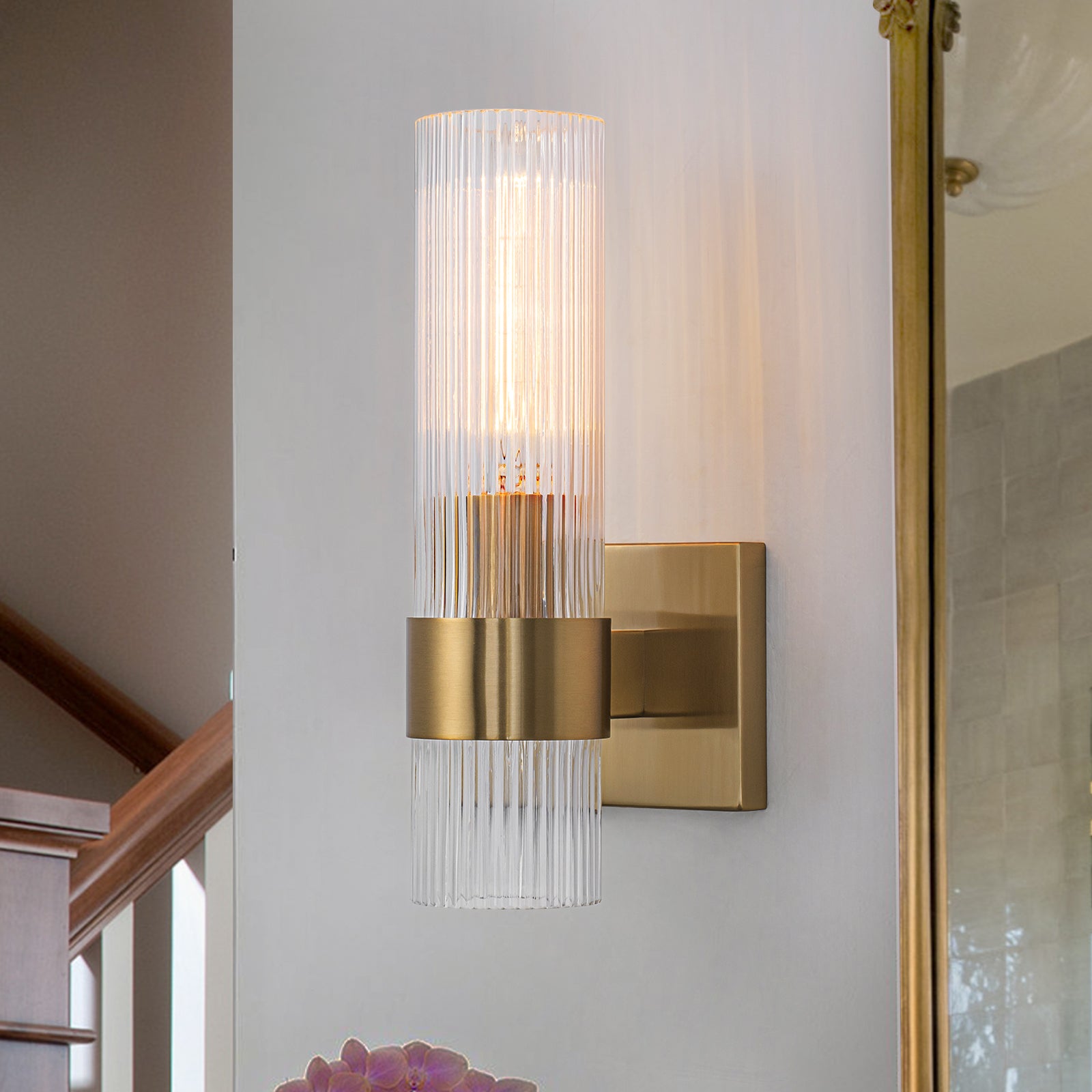 Glowlings 1-Light Modern Cylinder Brass Ribbed Glass Wall Sconce Bathroom Vanity Light