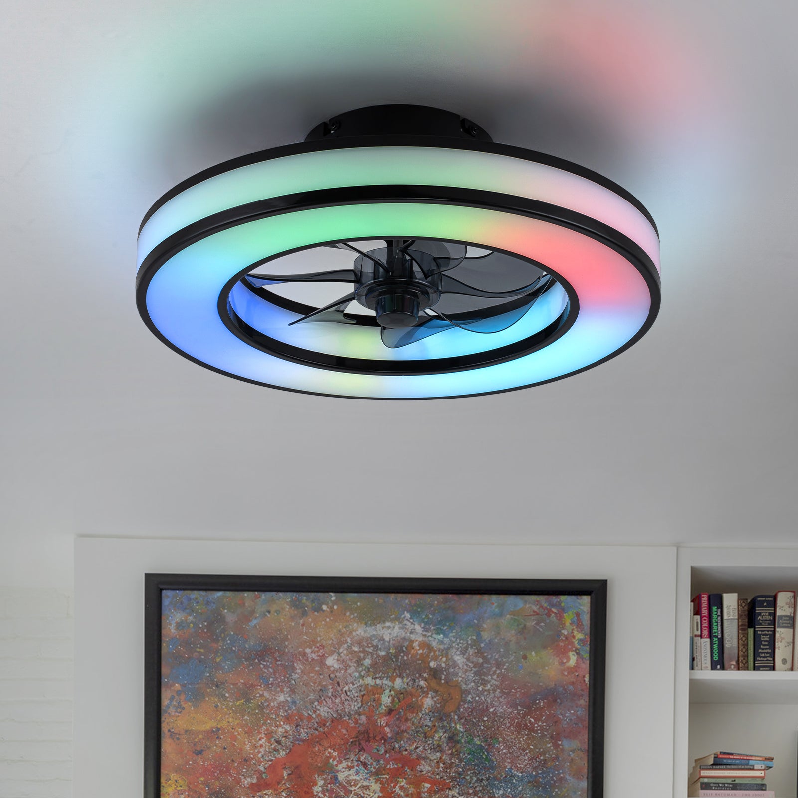 Glowlings 1-Light Modern Dimmable CCT Flush Mount Ceiling Fan with RGB Lights & Remote, Low Profile Fandelier with Smart APP Control
