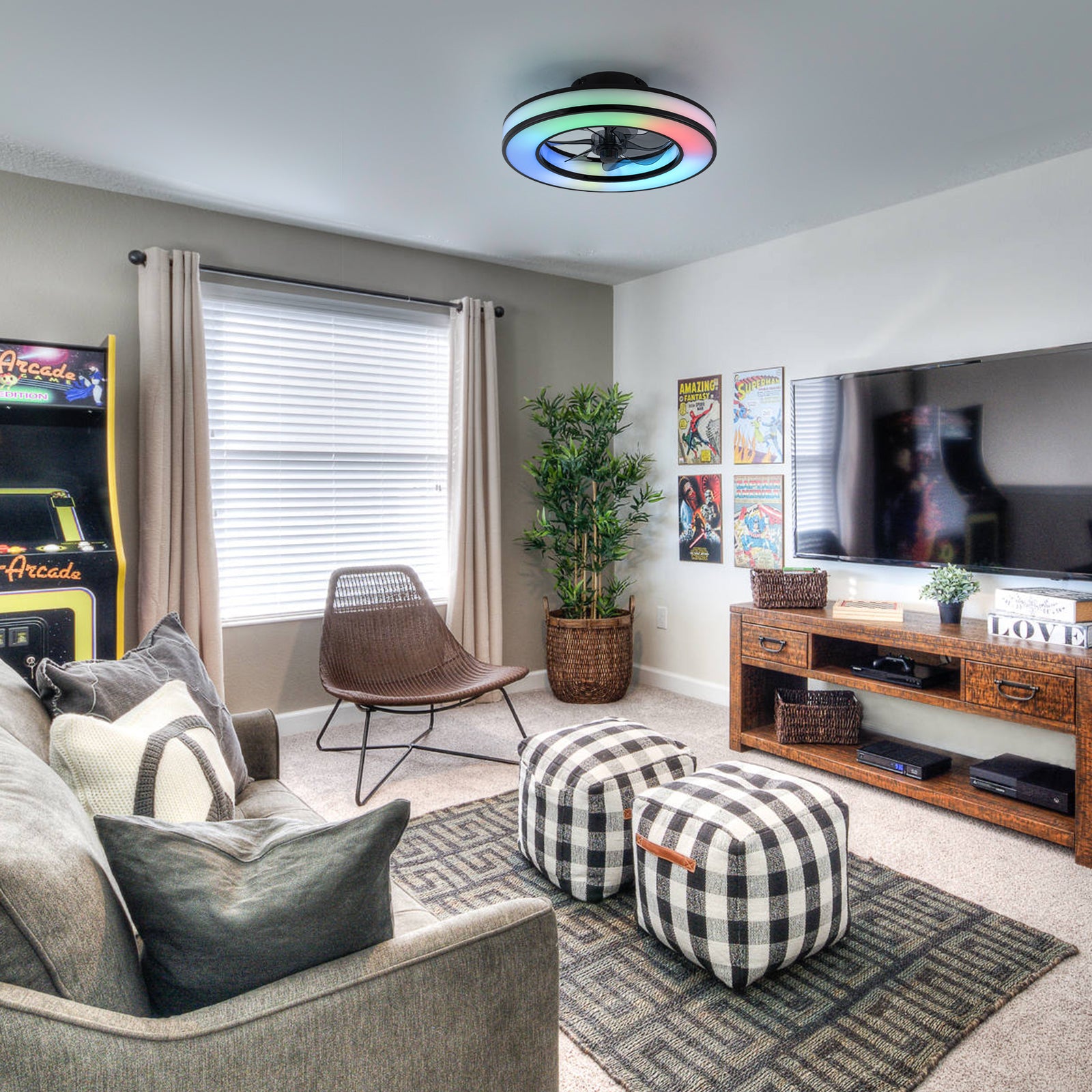 Glowlings 1-Light Modern Dimmable CCT Flush Mount Ceiling Fan with RGB Lights & Remote, Low Profile Fandelier with Smart APP Control