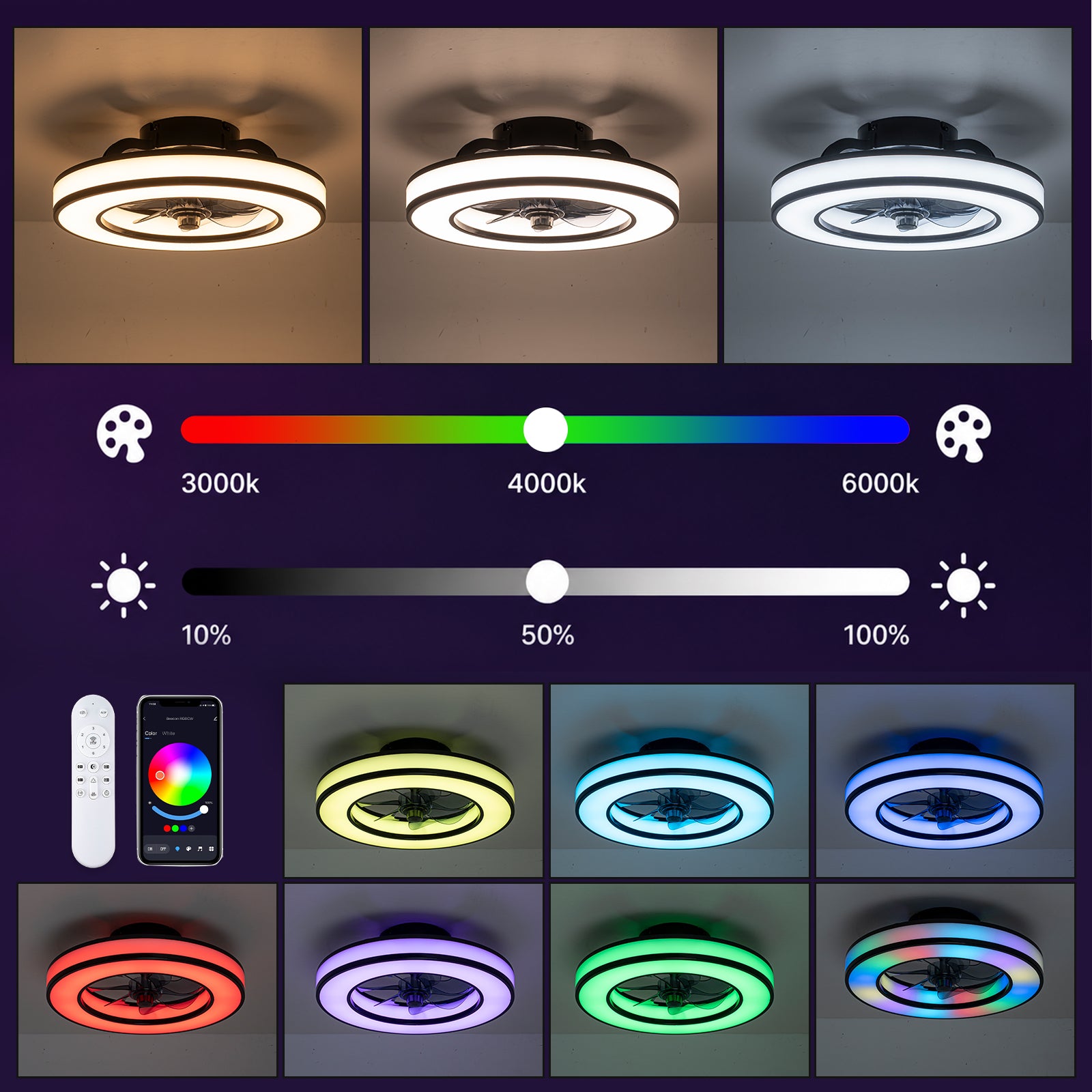 Glowlings 1-Light Modern Dimmable CCT Flush Mount Ceiling Fan with RGB Lights & Remote, Low Profile Fandelier with Smart APP Control