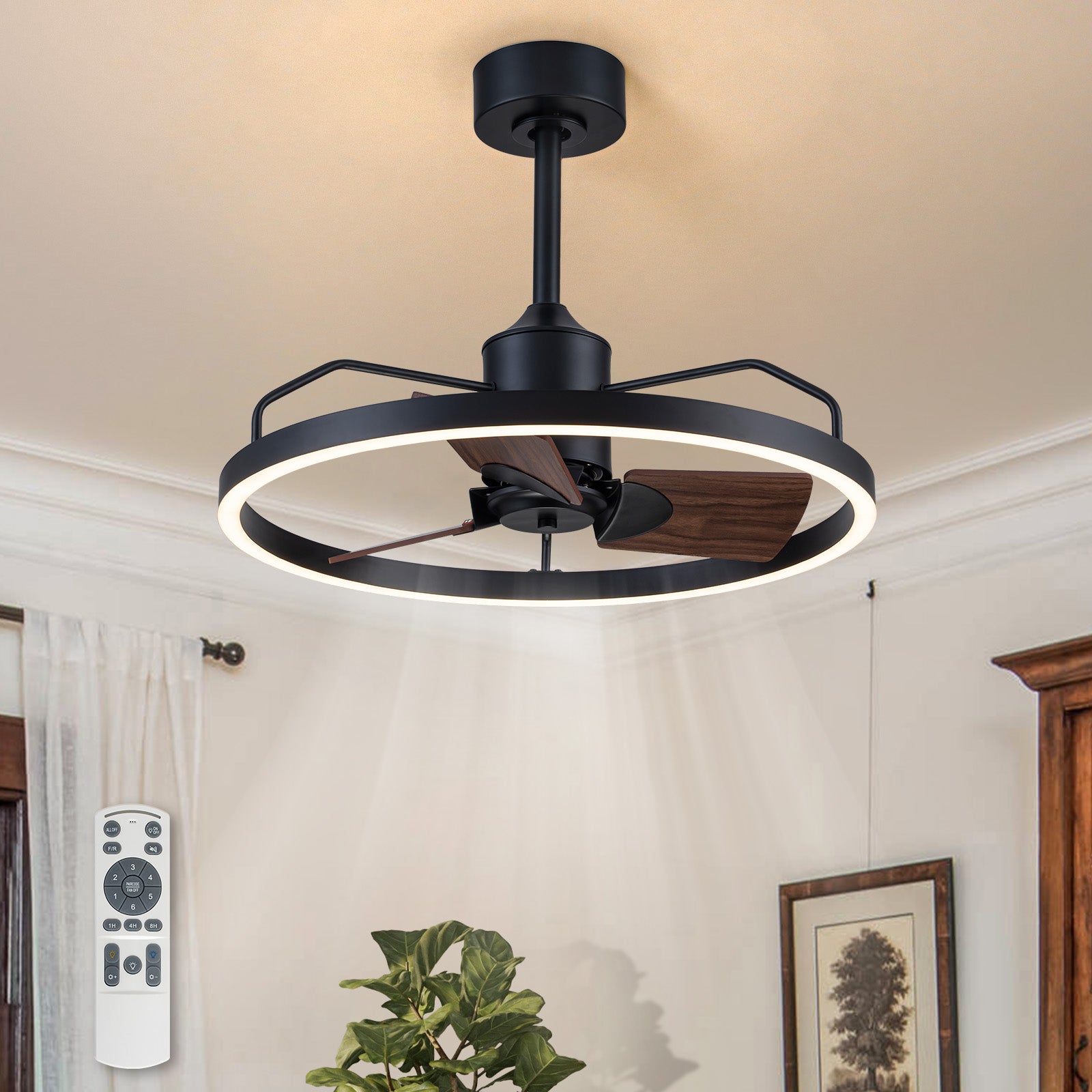 Glowlings 1-Light Modern 24"Wide Dimmable Ring LED Ceiling Fan with Light Remote Wood Blades
