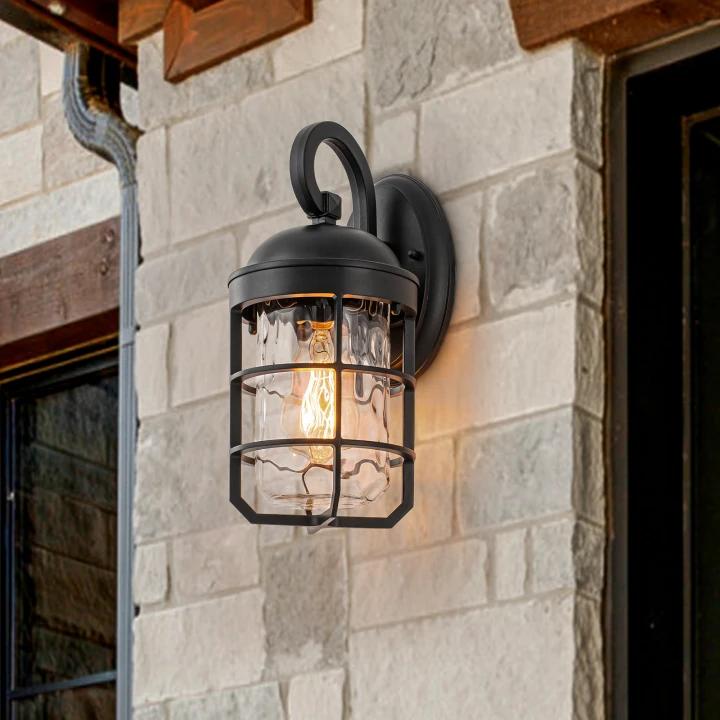 Glowlings 1-Light Modern Farmhouse 13"High IP44 Black Outdoor Wall Sconce with Water Glass Shade