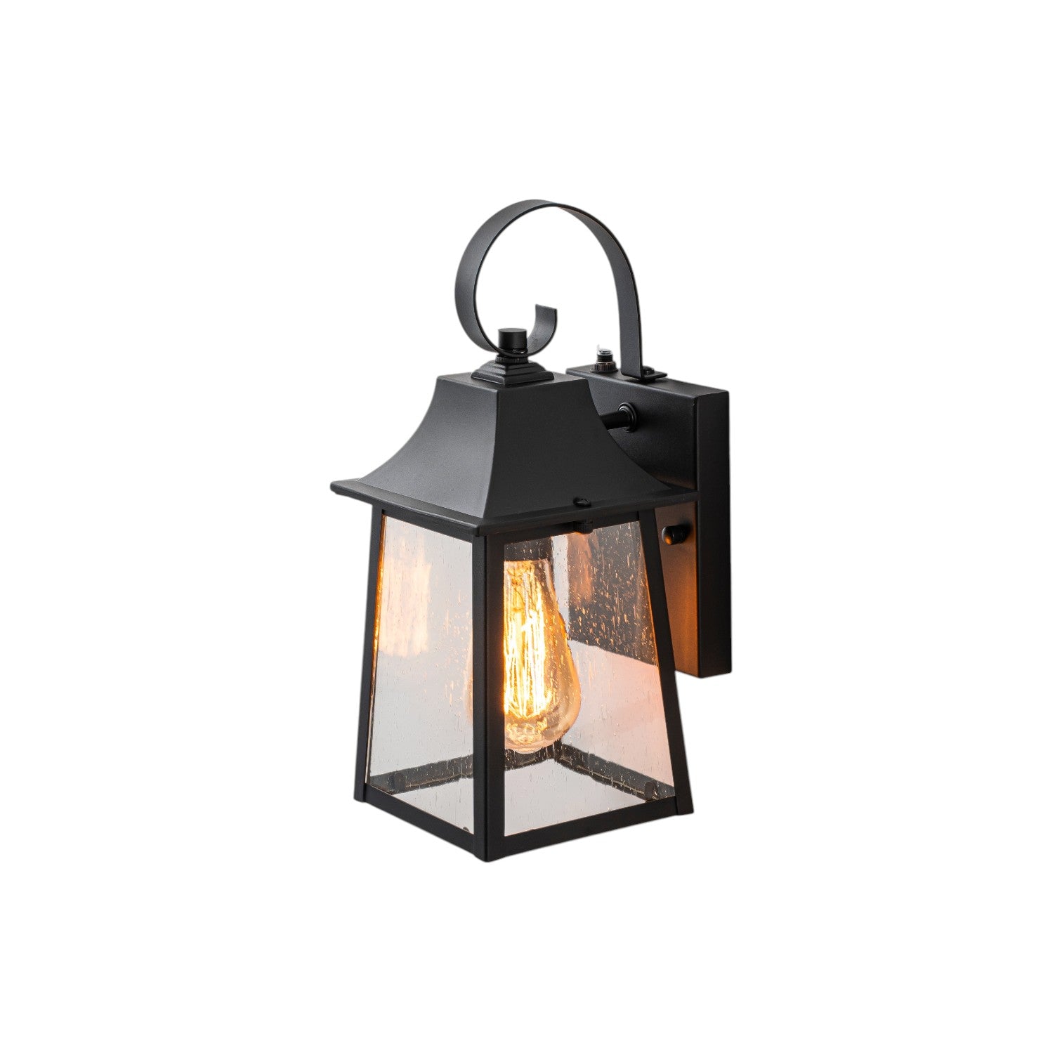 Glowlings 1-Light Modern Farmhouse 13"High IP23 Matte Black Seeded Glass Lantern Outdoor Wall Sconce
