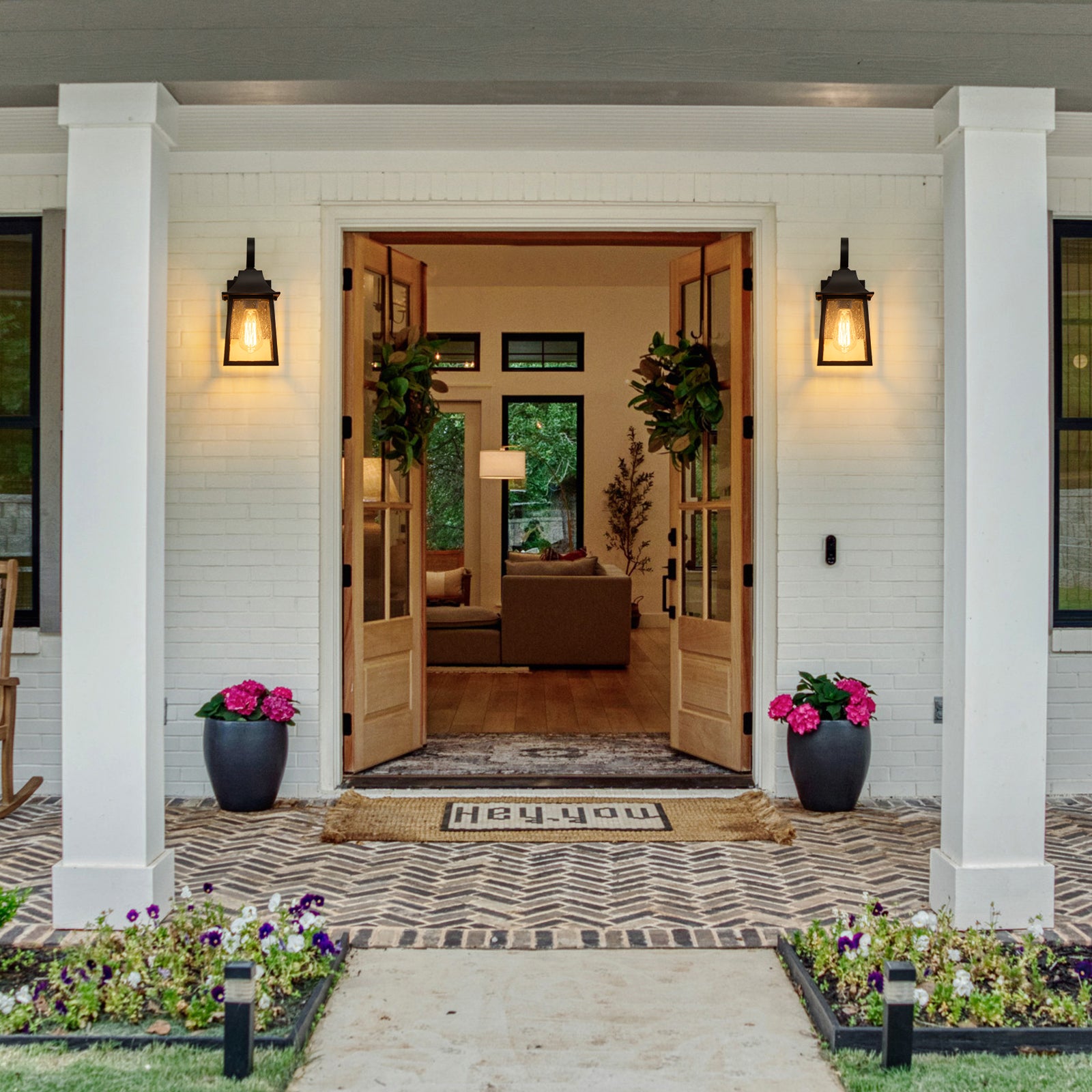 Glowlings 1-Light Modern Farmhouse 13"High IP23 Matte Black Seeded Glass Lantern Outdoor Wall Sconce